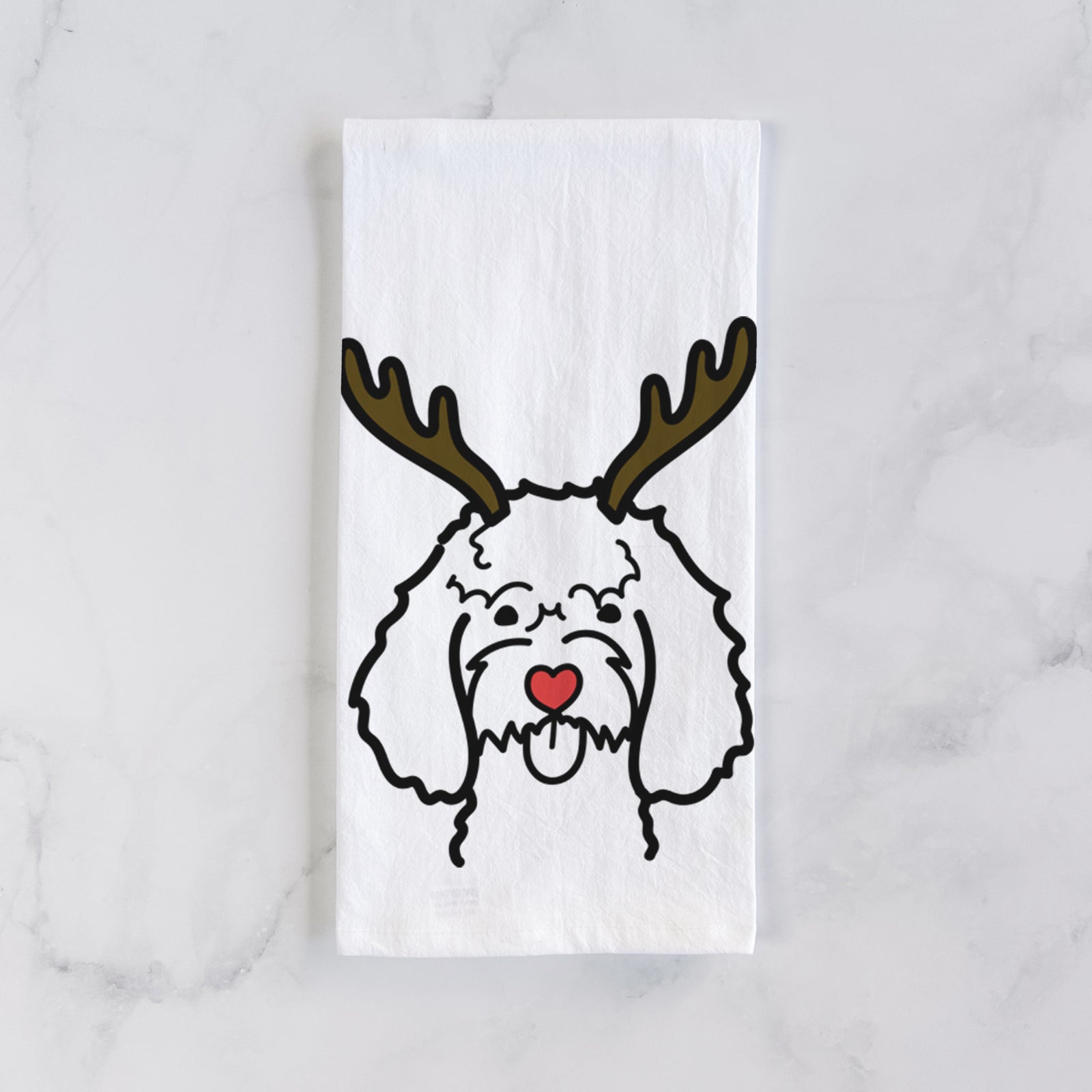 Minimalist line drawing of a Cockapoo with reindeer antlers and a red nose on a tea towel