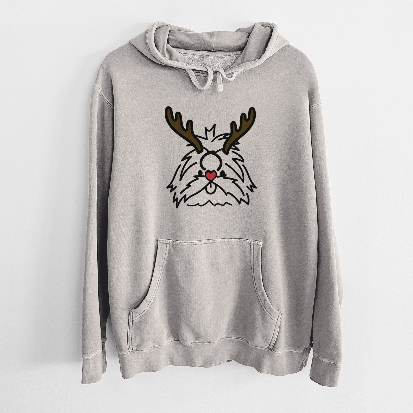 Minimalist line drawing of CoCo the Shih Tzu with reindeer antlers and a red nose on a Cement Unisex pigment dyed hoodie