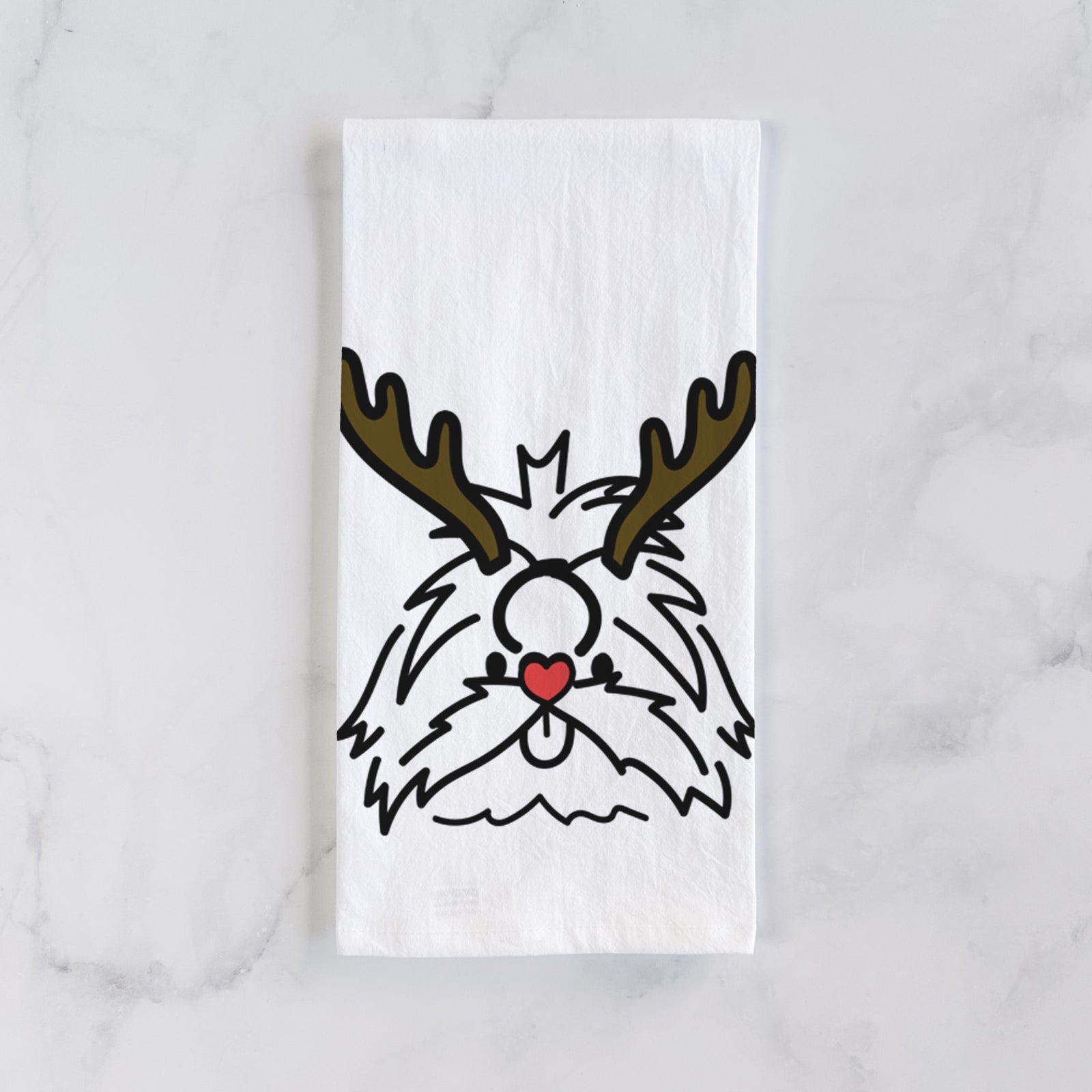 Minimalist line drawing of CoCo the Shih Tzu with reindeer antlers and a red nose on a tea towel