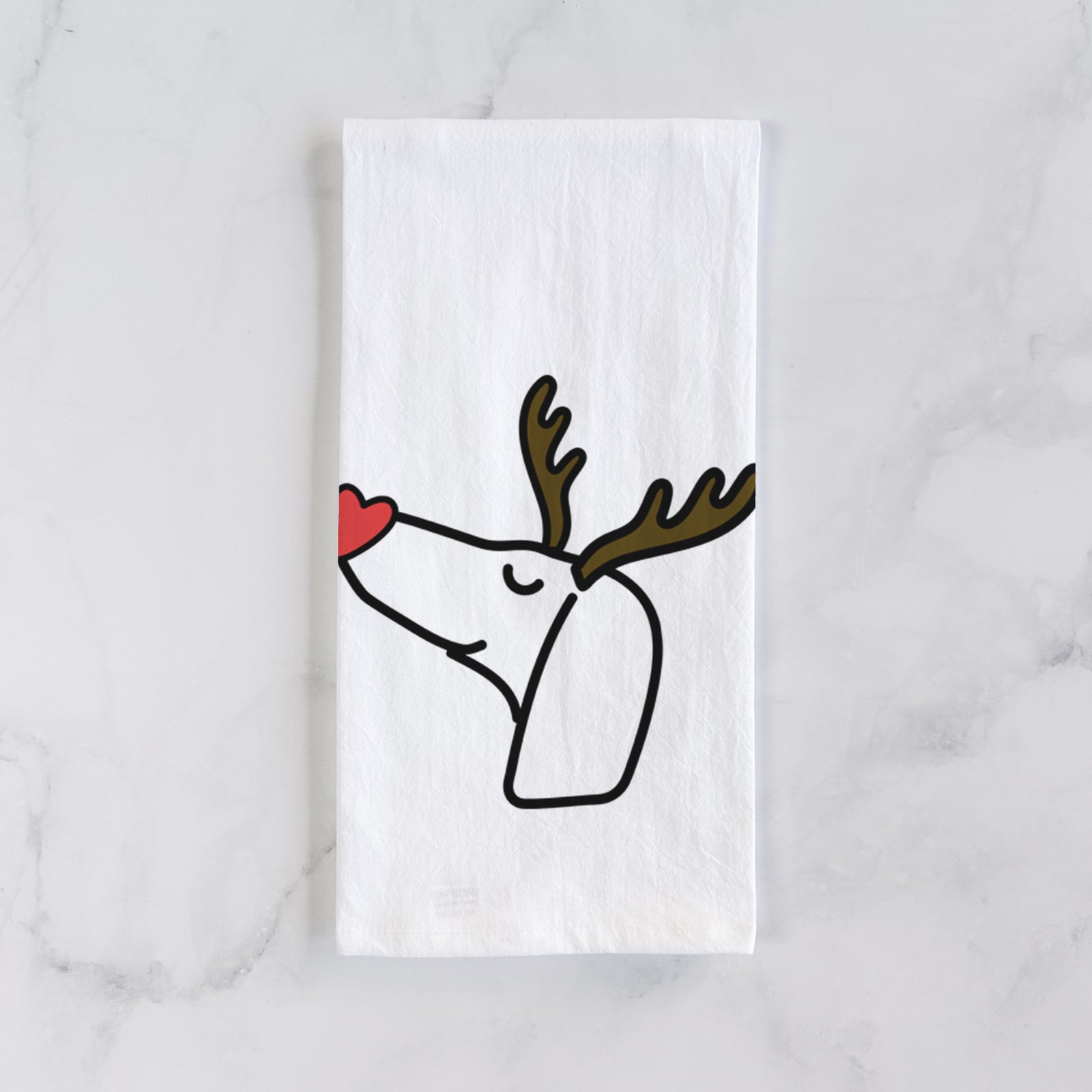Minimalist line drawing of a Dachshund with reindeer antlers and a red nose on a tea towel