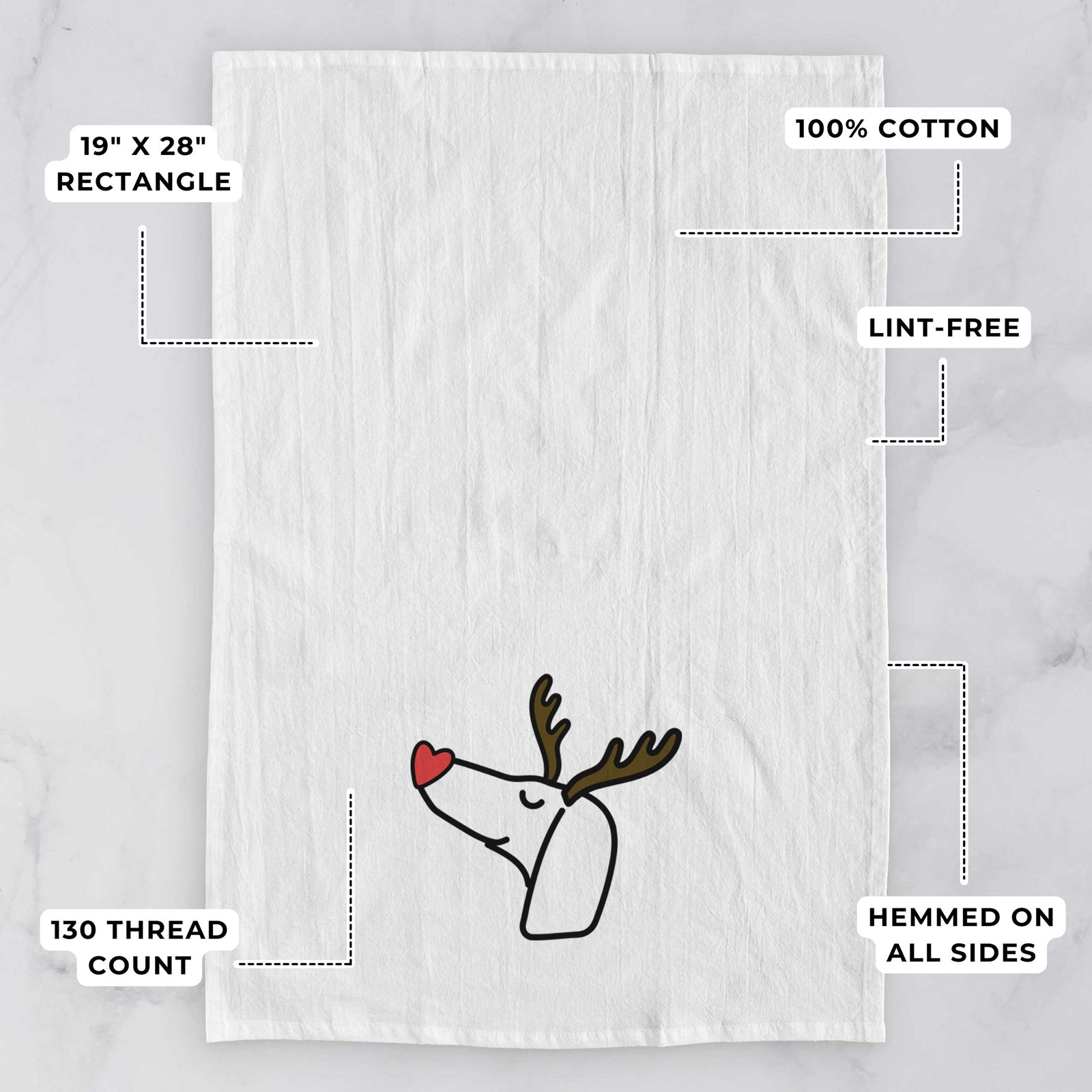 Minimalist line drawing of a Dachshund with reindeer antlers and a red nose on a tea towel, with feature callouts: 19 x 28 inch rectangle, 100% cotton, lint-free, 120 thread count, hemmed on all sides