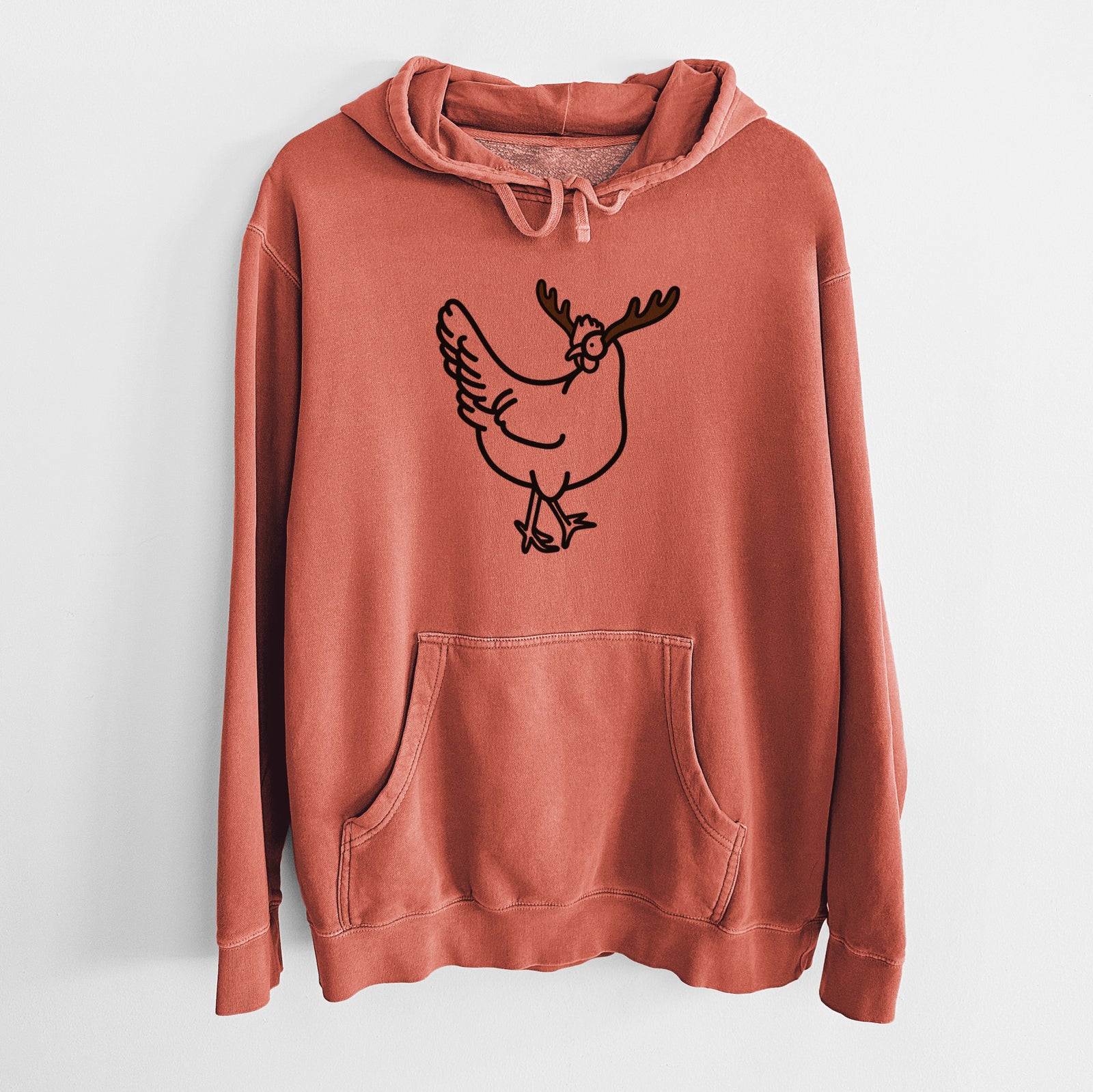 Minimalist line drawing of Daisy the Chicken with reindeer antlers and a red nose on an Amber Unisex pigment dyed hoodie
