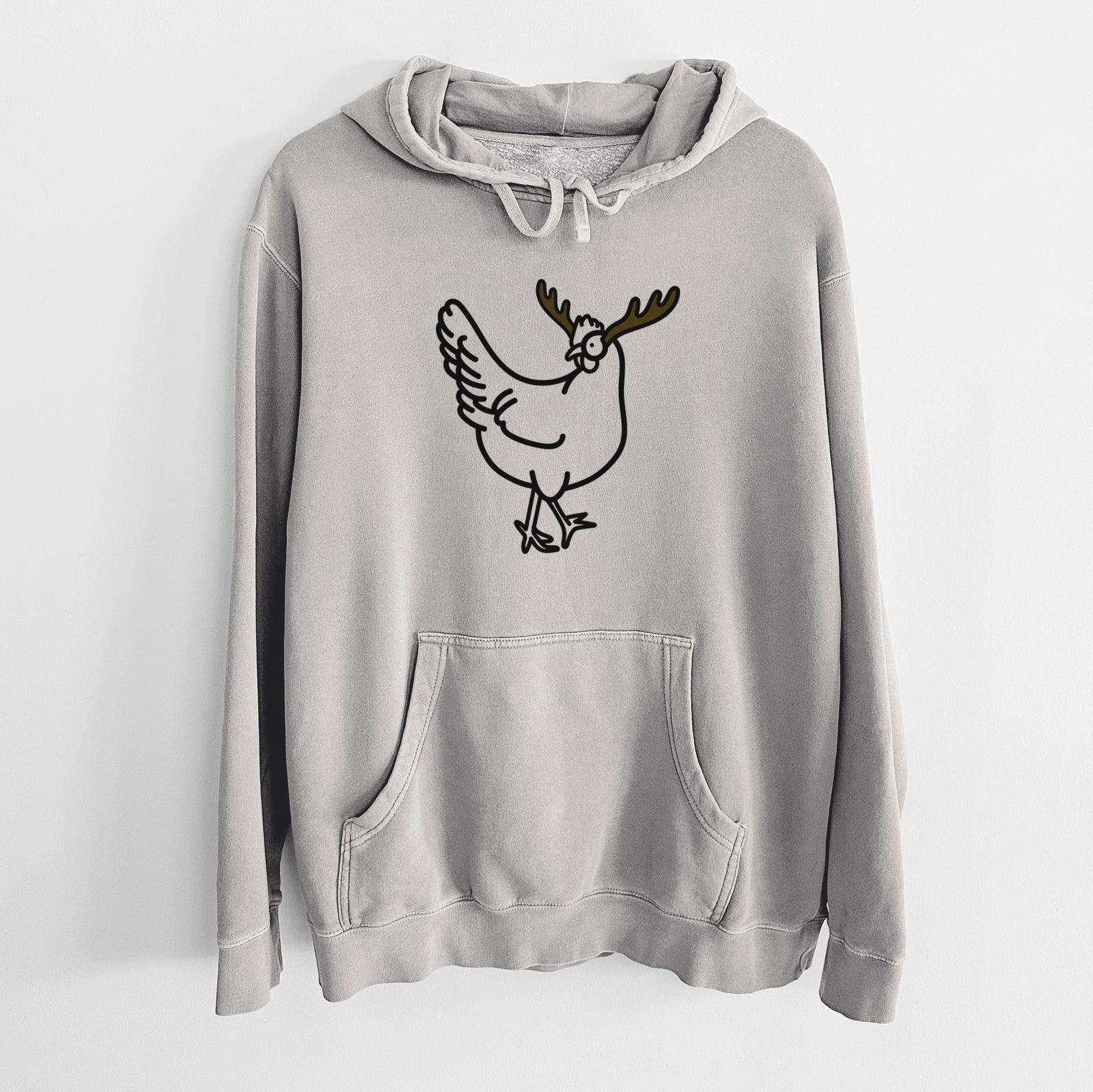 Minimalist line drawing of Daisy the Chicken with reindeer antlers and a red nose on a Cement Unisex pigment dyed hoodie