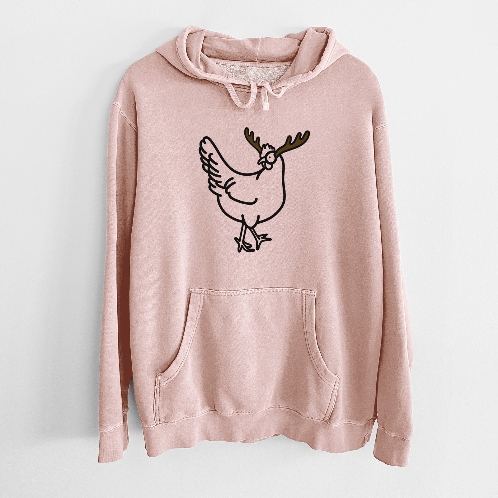 Minimalist line drawing of Daisy the Chicken with reindeer antlers and a red nose on a Dusty Pink Unisex pigment dyed hoodie