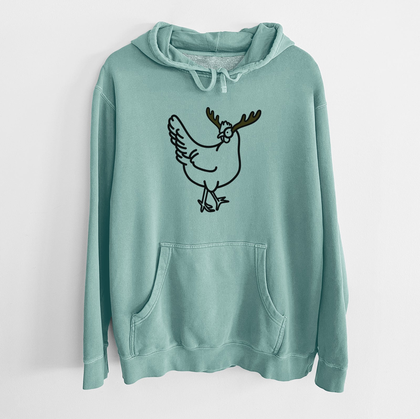 Minimalist line drawing of Daisy the Chicken with reindeer antlers and a red nose on a Mint Unisex pigment dyed hoodie