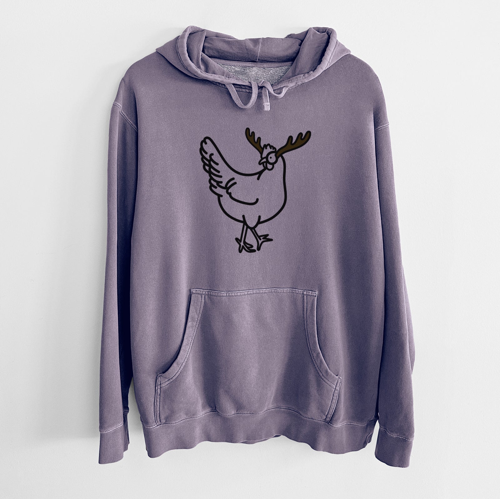 Minimalist line drawing of Daisy the Chicken with reindeer antlers and a red nose on a Plum Unisex pigment dyed hoodie