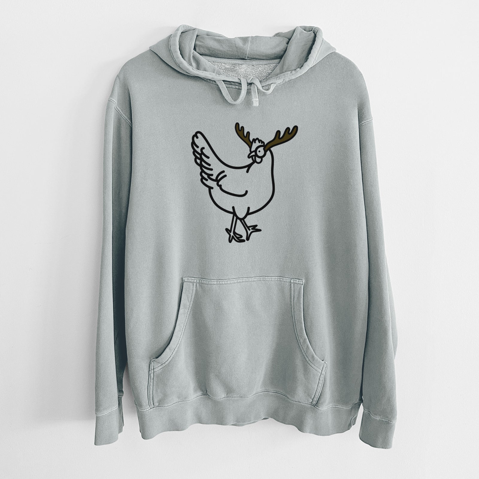 Minimalist line drawing of Daisy the Chicken with reindeer antlers and a red nose on a Sage Unisex pigment dyed hoodie