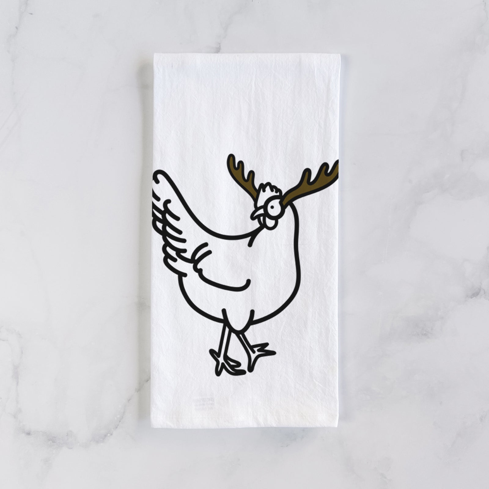 Minimalist line drawing of Daisy the Chicken with reindeer antlers and a red nose on a tea towel
