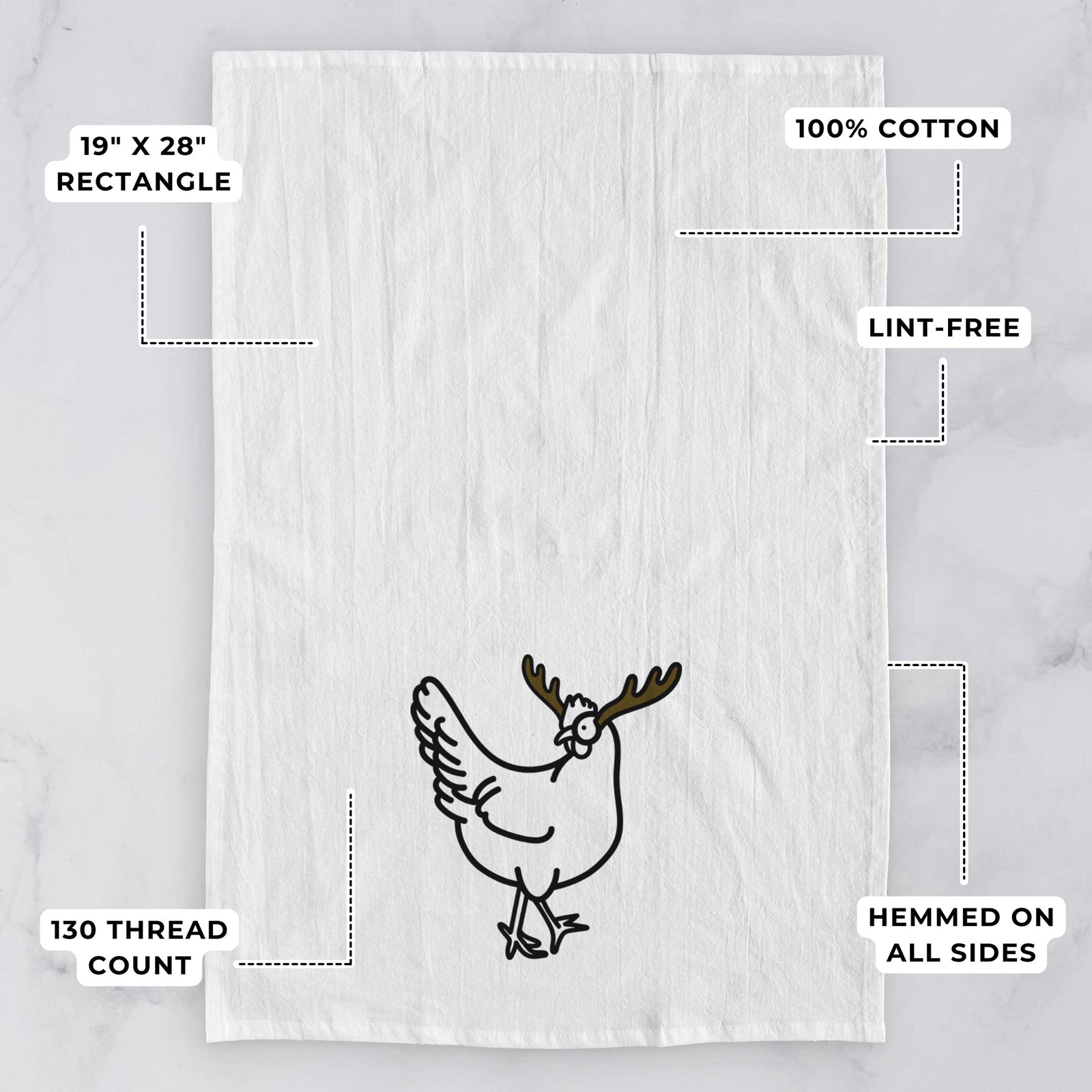 Minimalist line drawing of Daisy the Chicken with reindeer antlers and a red nose on a tea towel, with feature callouts: 19 x 28 inch rectangle, 100% cotton, lint-free, 120 thread count, hemmed on all sides