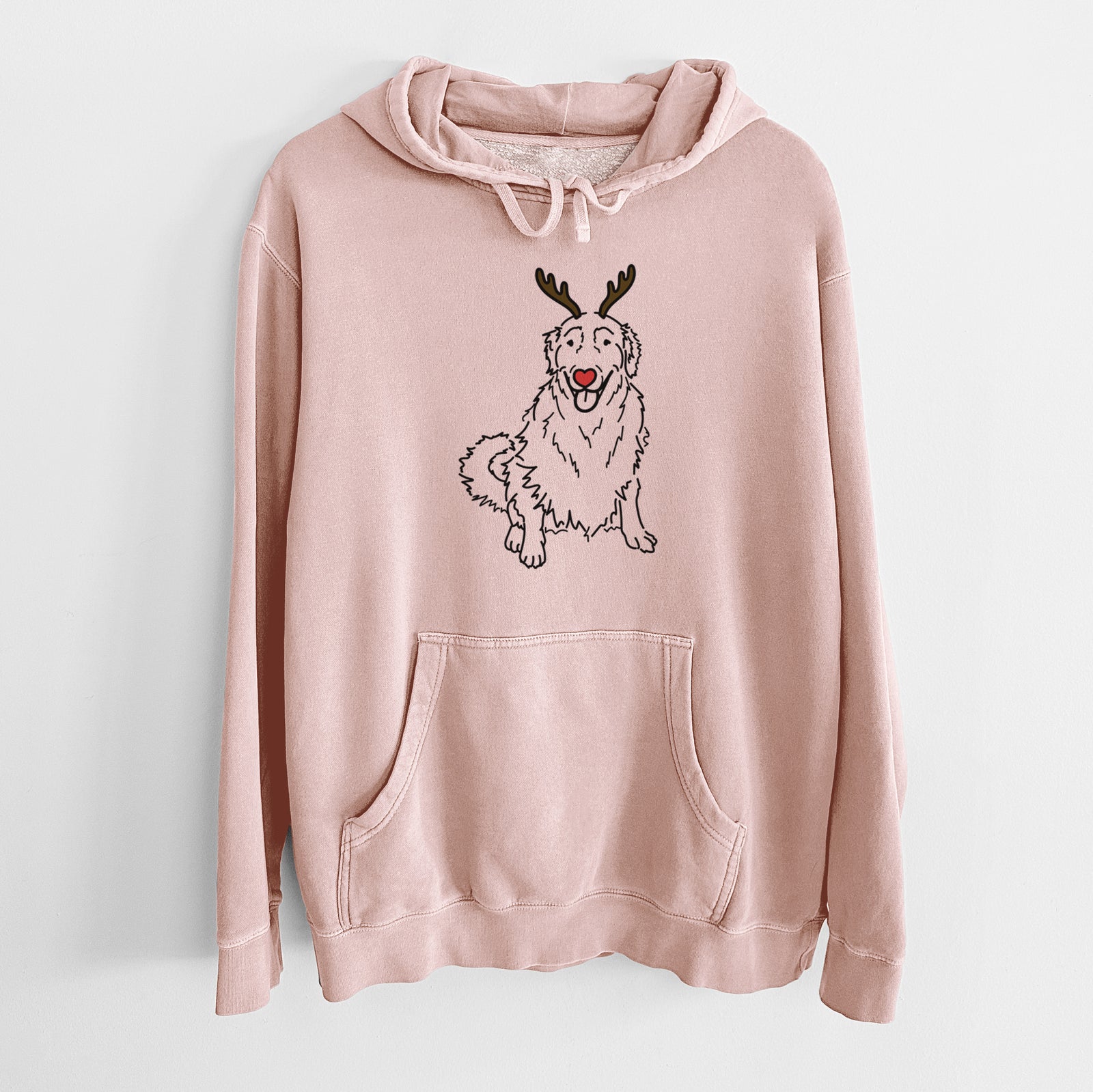 Minimalist line drawing of Daisy the Golden Retriever with reindeer antlers and a red nose on a Dusty Pink Unisex pigment dyed hoodie