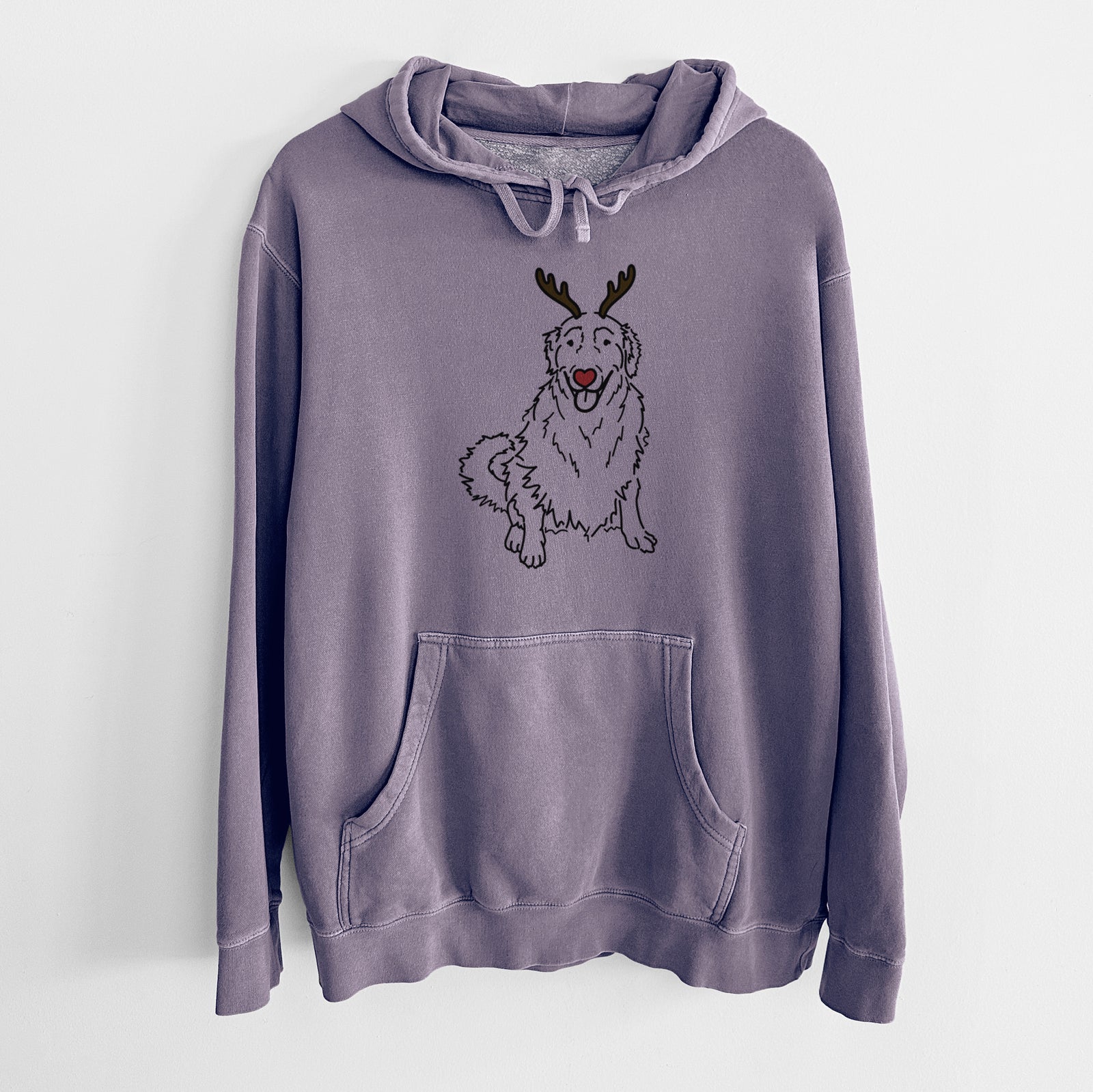 Minimalist line drawing of Daisy the Golden Retriever with reindeer antlers and a red nose on a Plum Unisex pigment dyed hoodie