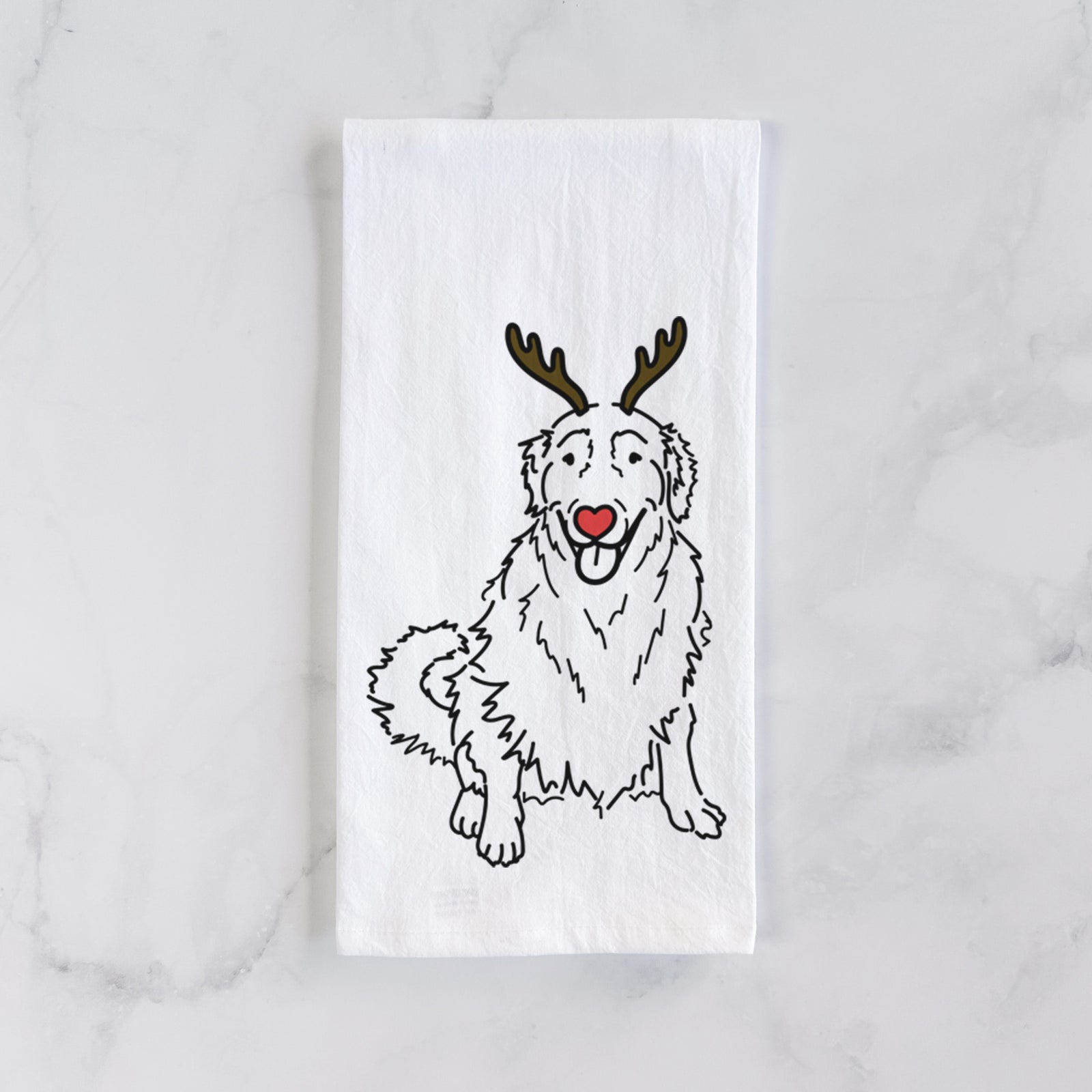 Minimalist line drawing of Daisy the Golden Retriever with reindeer antlers and a red nose on a tea towel