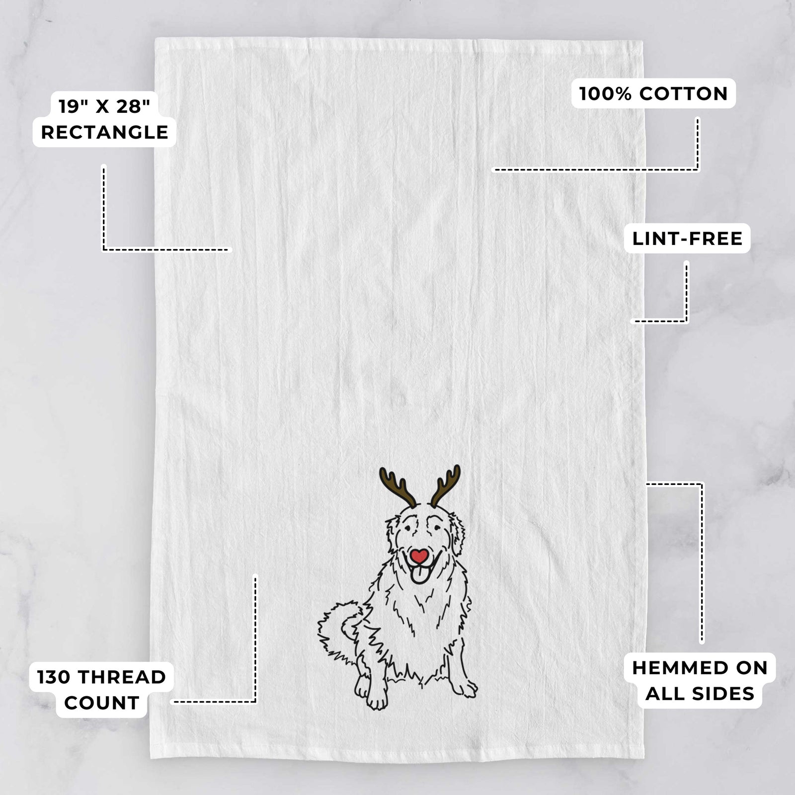 Minimalist line drawing of Daisy the Golden Retriever with reindeer antlers and a red nose on a tea towel, with feature callouts: 19 x 28 inch rectangle, 100% cotton, lint-free, 120 thread count, hemmed on all sides
