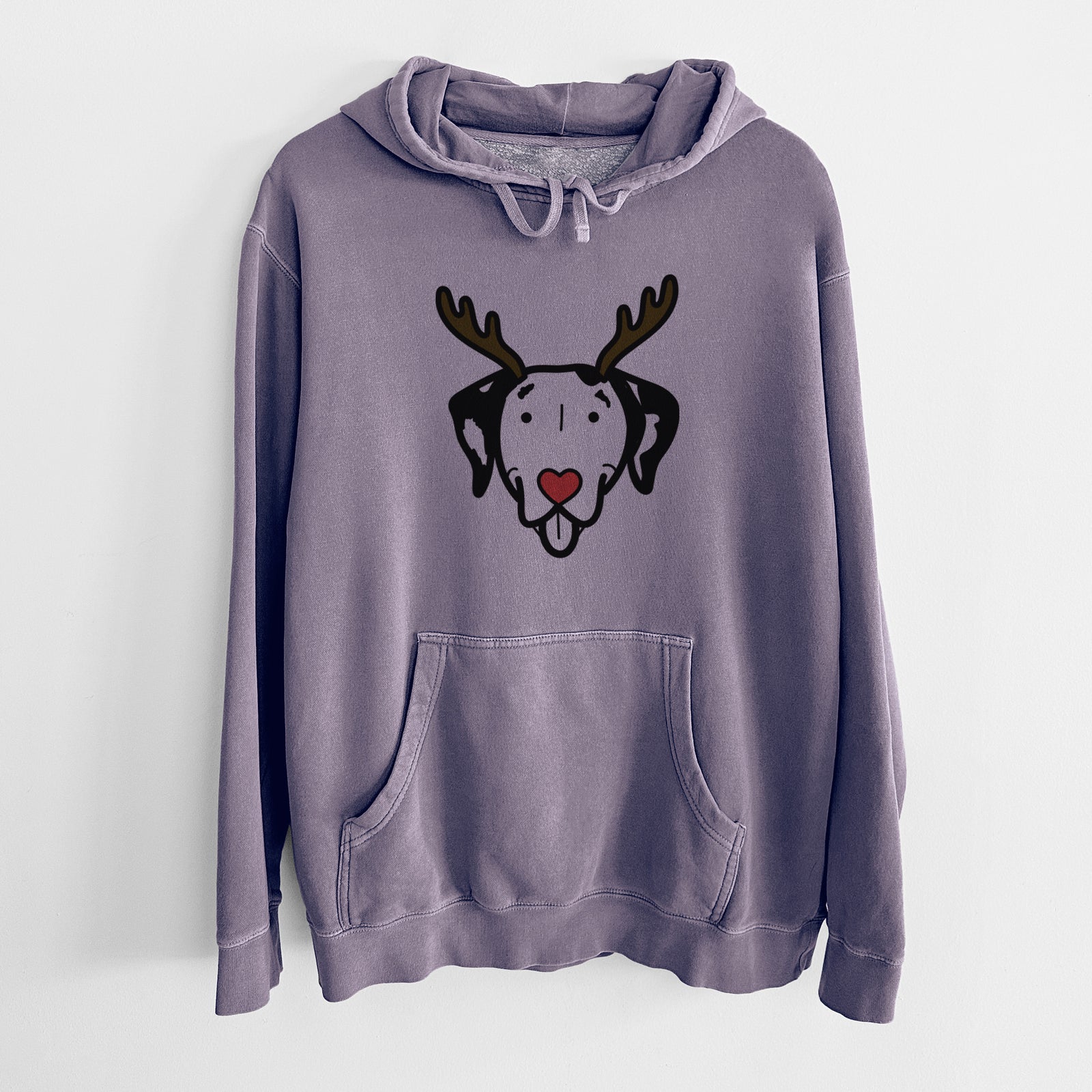 Minimalist line drawing of a Dalmatian with reindeer antlers and a red nose on a Plum Unisex pigment dyed hoodie
