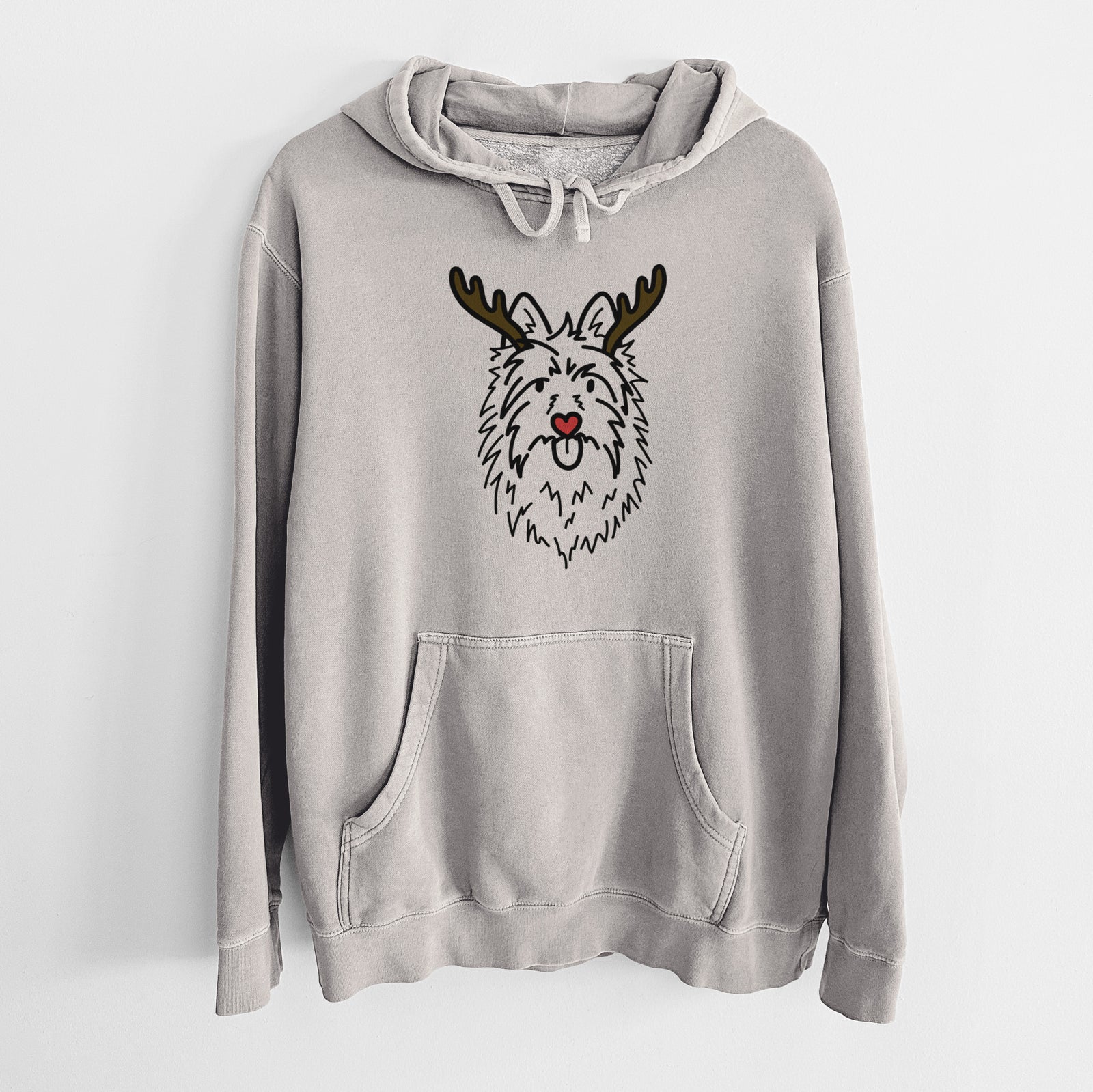 Minimalist line drawing of Digger the Australian Terrier with reindeer antlers and a red nose on a Cement Unisex pigment dyed hoodie