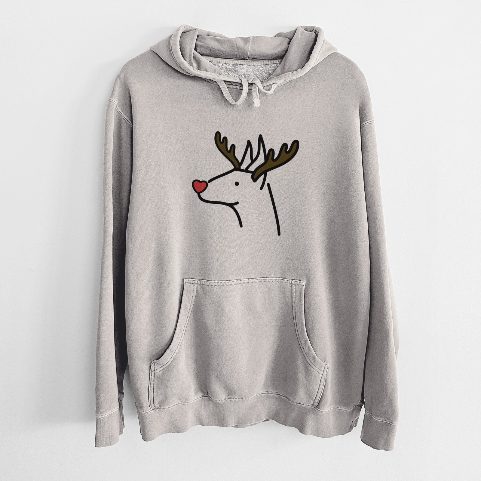 Minimalist line drawing of a Doberman Pinscher with reindeer antlers and a red nose on a Cement Unisex pigment dyed hoodie