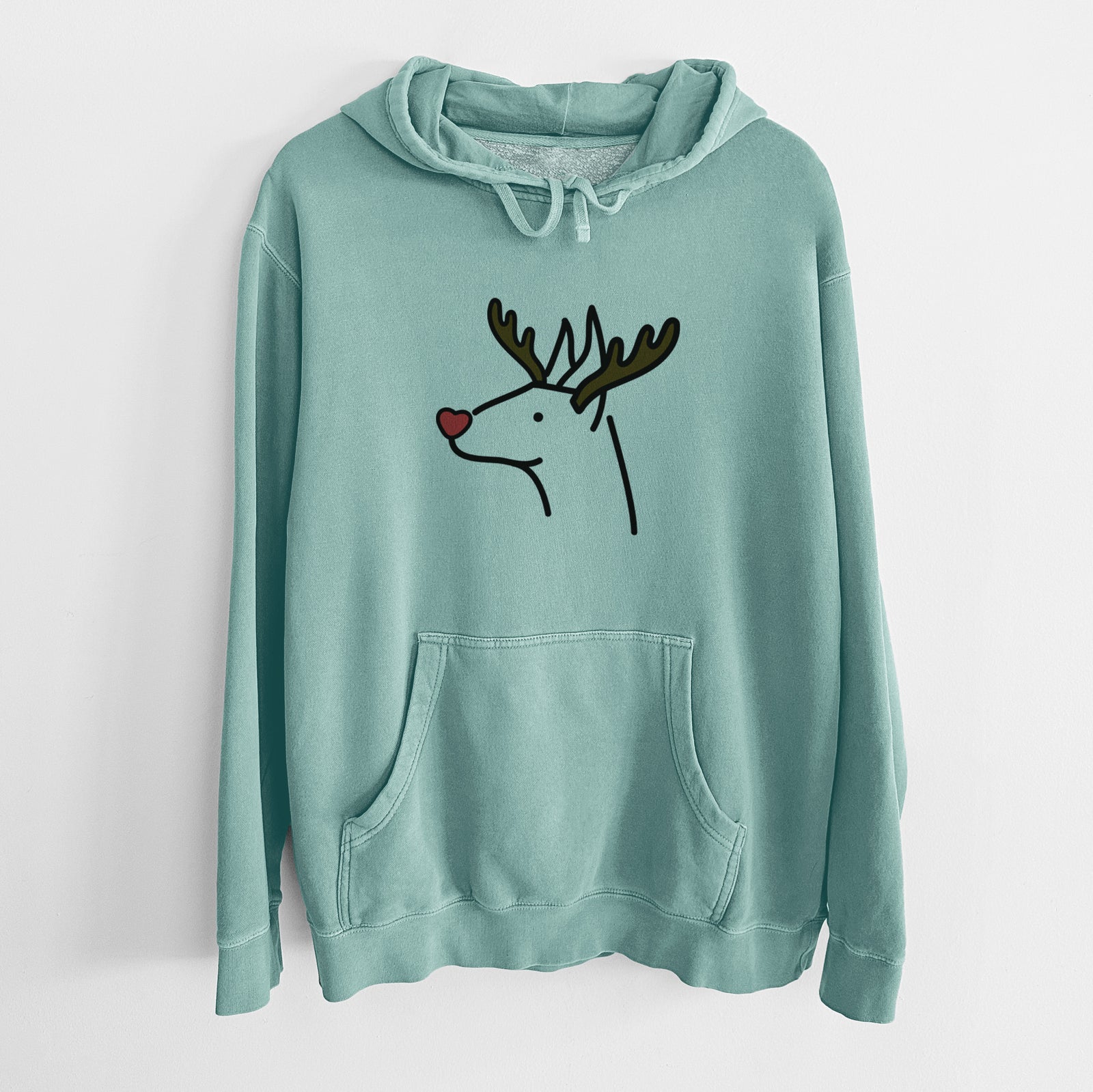 Minimalist line drawing of a Doberman Pinscher with reindeer antlers and a red nose on a Mint Unisex pigment dyed hoodie