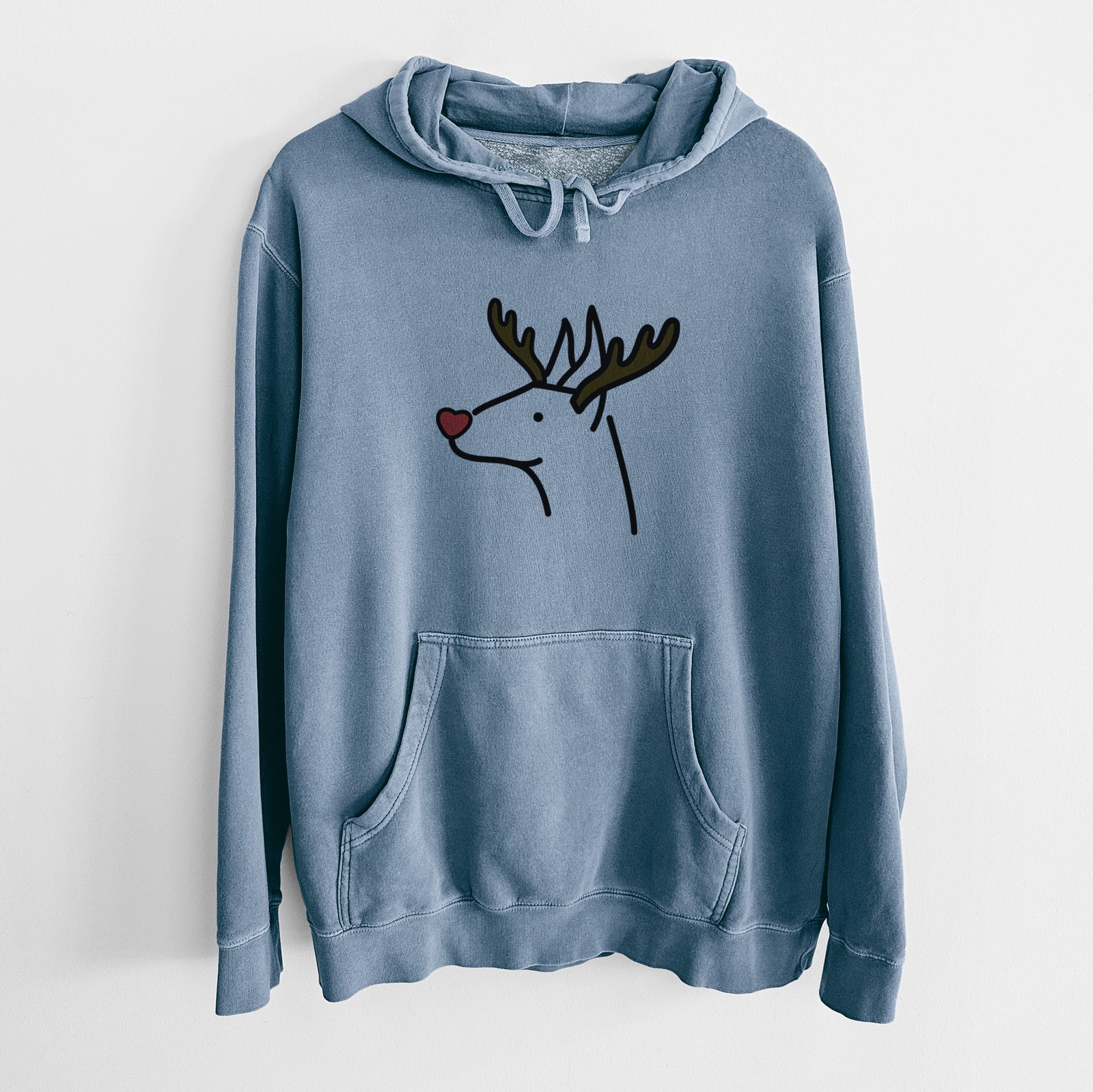 Minimalist line drawing of a Doberman Pinscher with reindeer antlers and a red nose on a Slate Blue Unisex pigment dyed hoodie