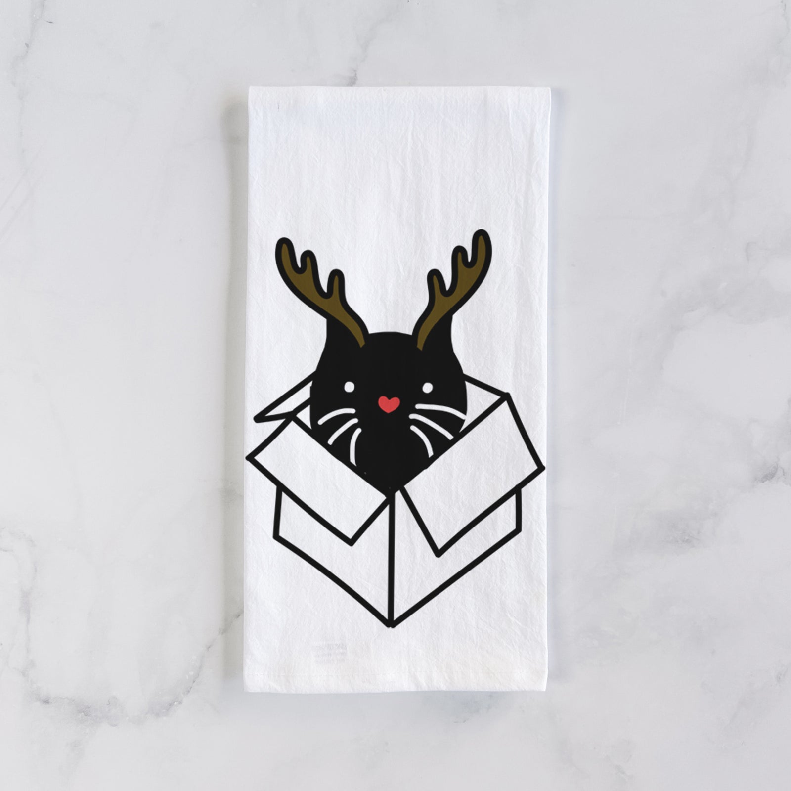 Minimalist line drawing of Doc the Black Cat in a Box with reindeer antlers and a red nose on a tea towel