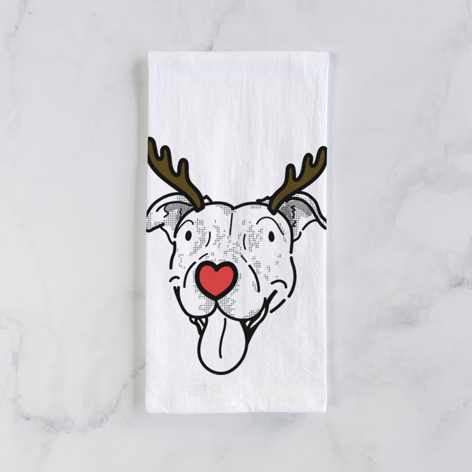 Minimalist line drawing of Dottie the Pitbull Mix with reindeer antlers and a red nose on a tea towel