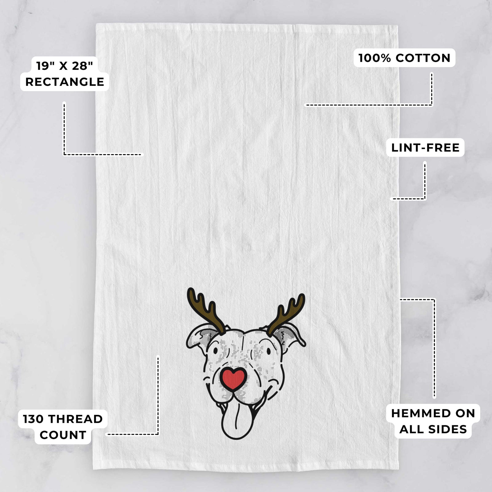 Minimalist line drawing of Dottie the Pitbull Mix with reindeer antlers and a red nose on a tea towel, with feature callouts: 19 x 28 inch rectangle, 100% cotton, lint-free, 120 thread count, hemmed on all sides