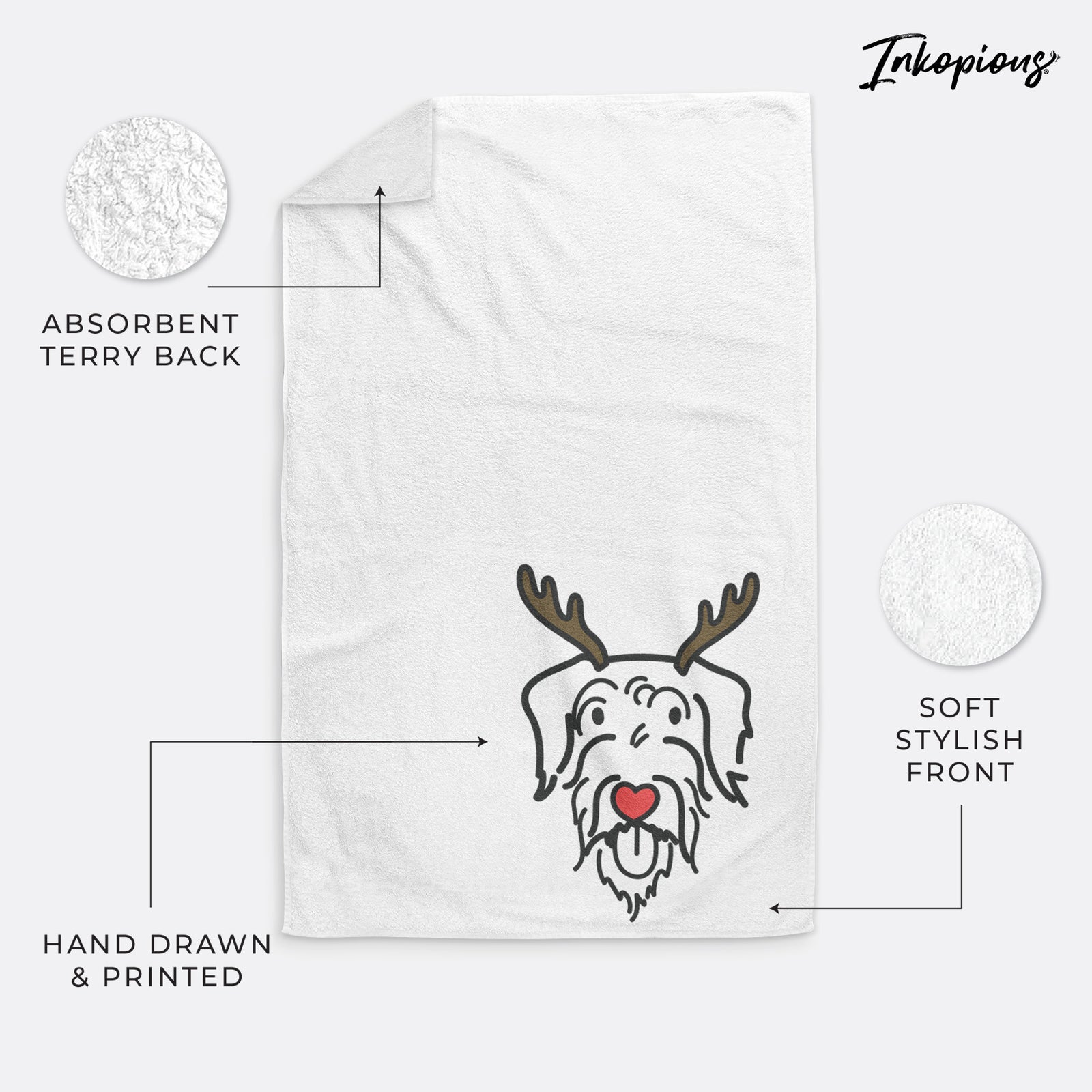 Minimalist line drawing of Dug the Doodle with reindeer antlers and a red nose on a decorative hand towel