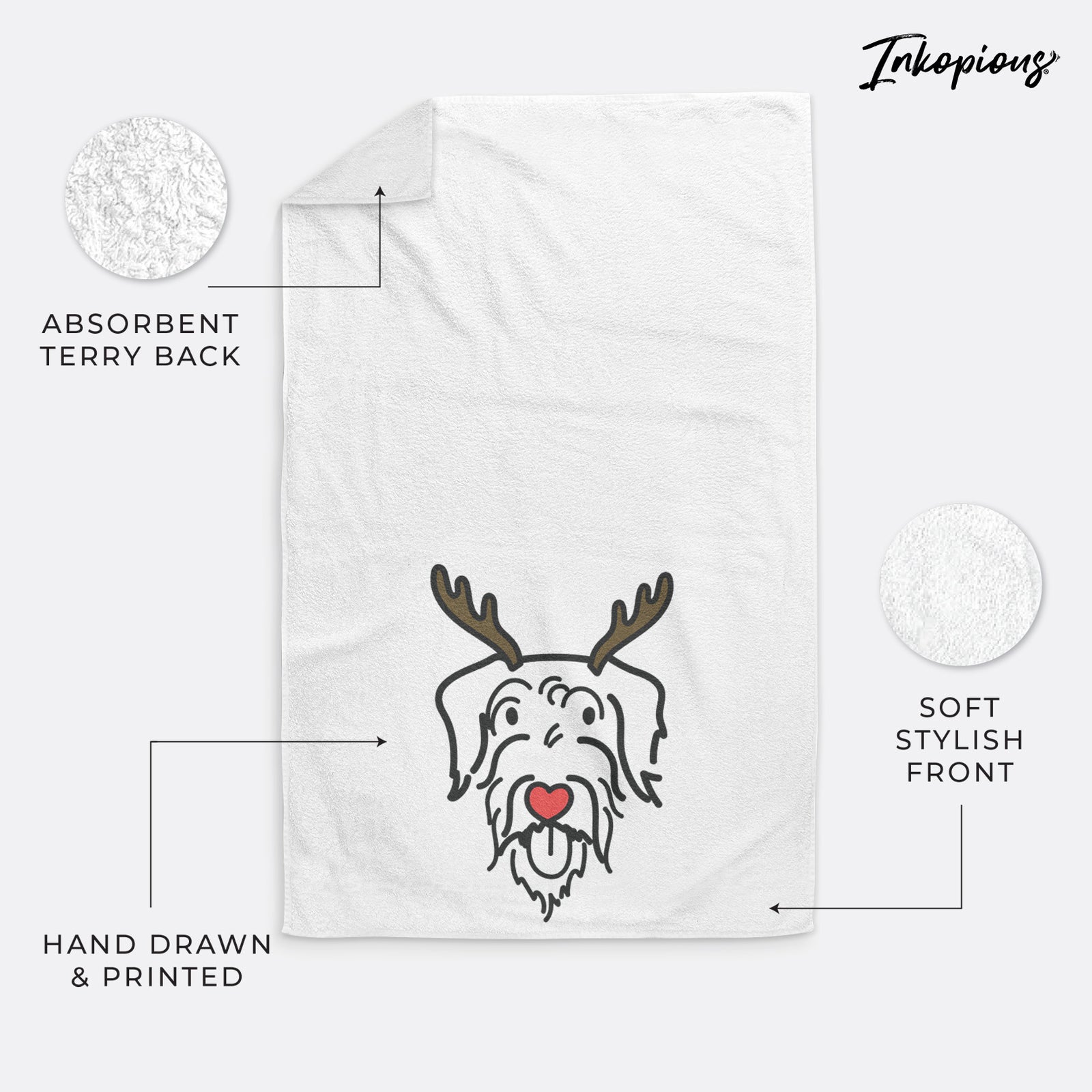 Minimalist line drawing of Dug the Doodle with reindeer antlers and a red nose on a decorative hand towel