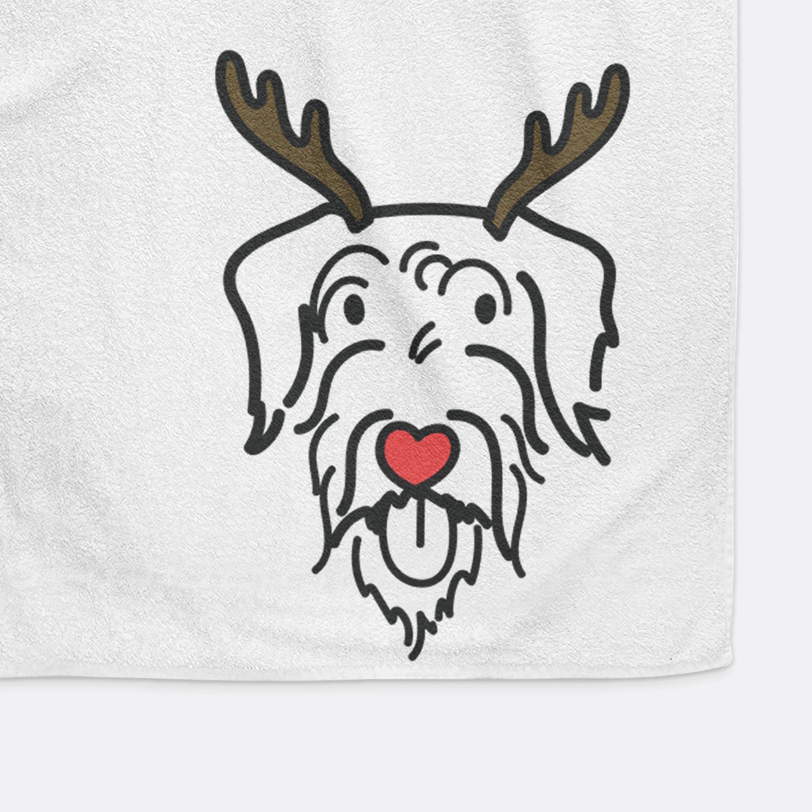 Minimalist line drawing of Dug the Doodle with reindeer antlers and a red nose on a decorative hand towel
