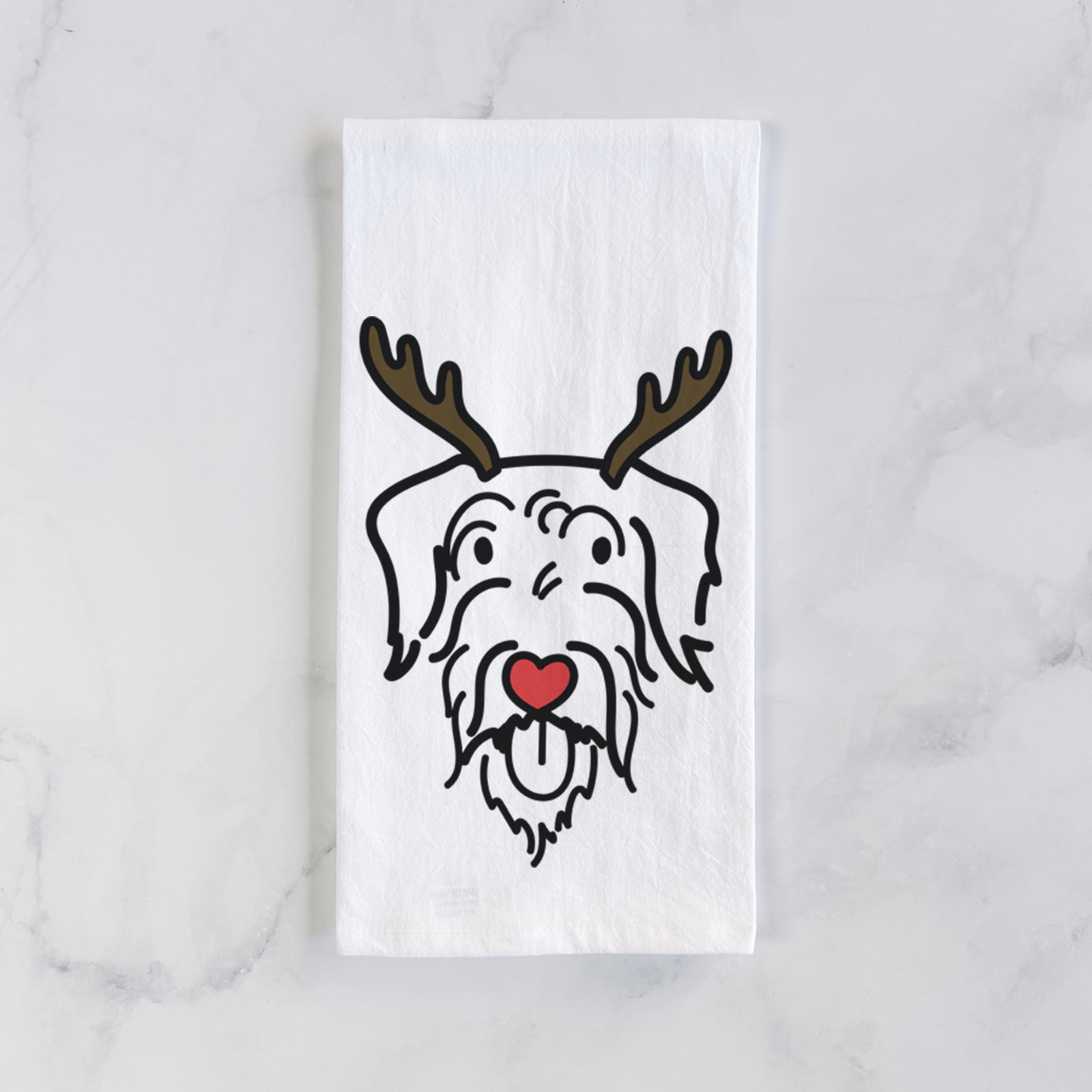 Minimalist line drawing of Dug the Doodle with reindeer antlers and a red nose on a tea towel
