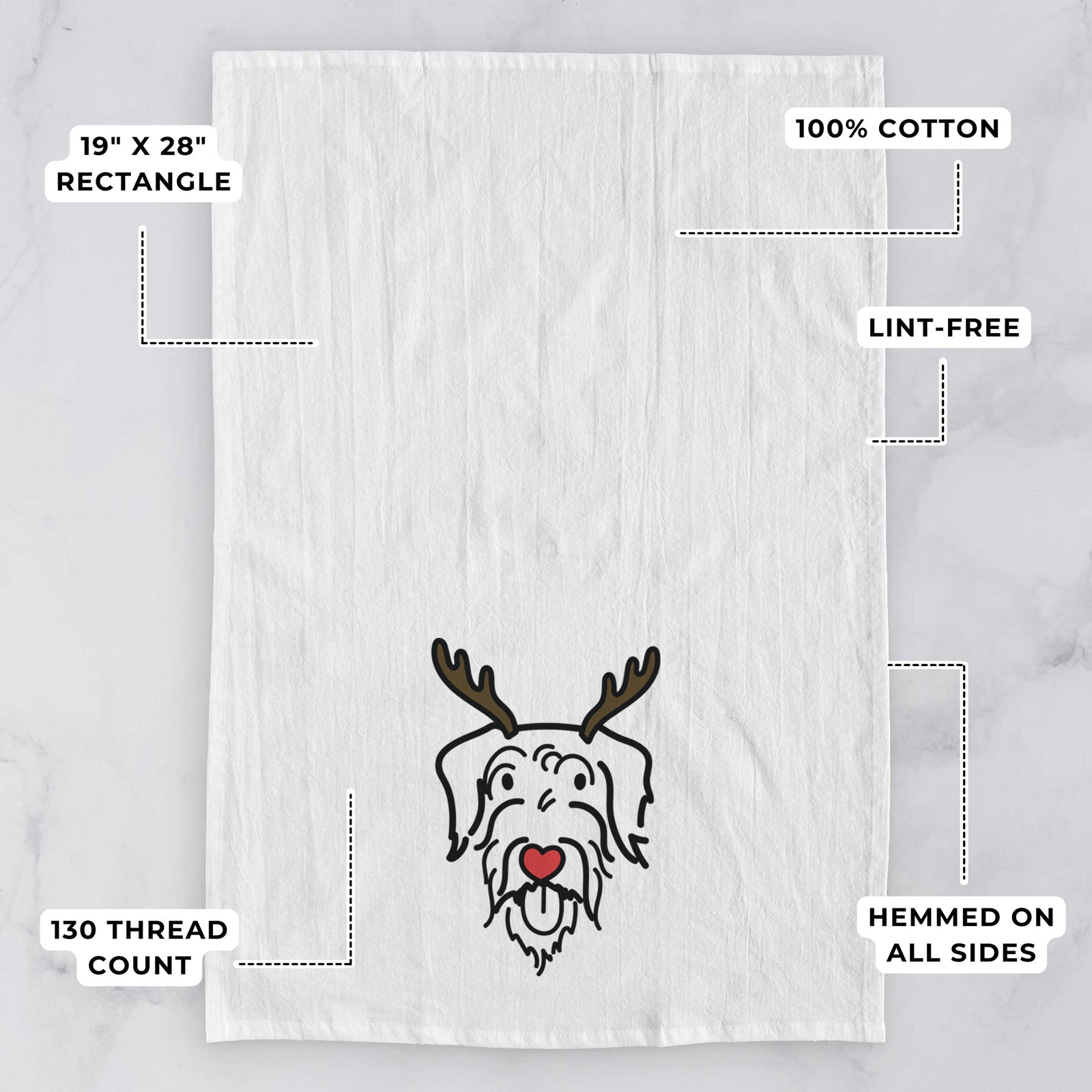 Minimalist line drawing of Dug the Doodle with reindeer antlers and a red nose on a tea towel, with feature callouts: 19 x 28 inch rectangle, 100% cotton, lint-free, 120 thread count, hemmed on all sides