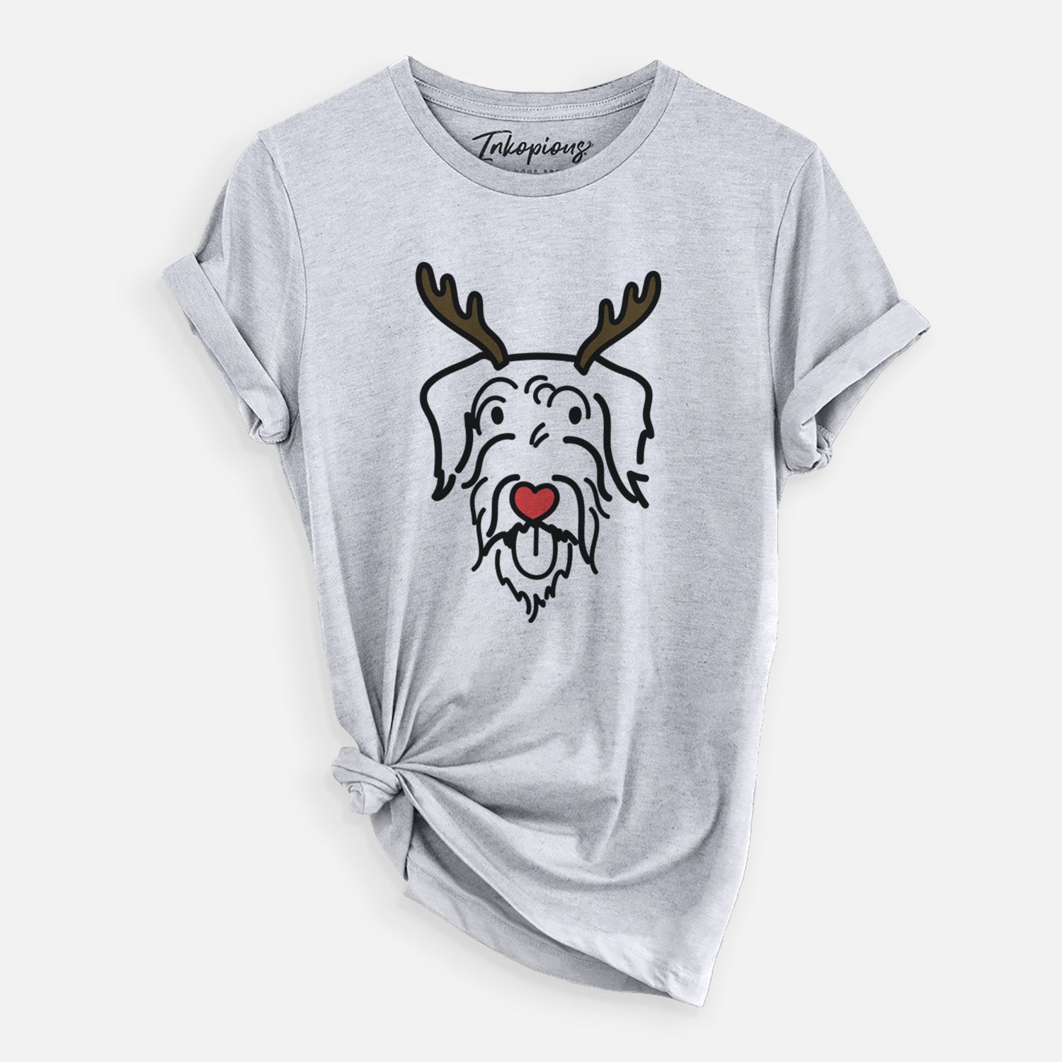 Minimalist line drawing of Dug the Doodle with reindeer antlers and a red nose on a Grey Unisex crewneck