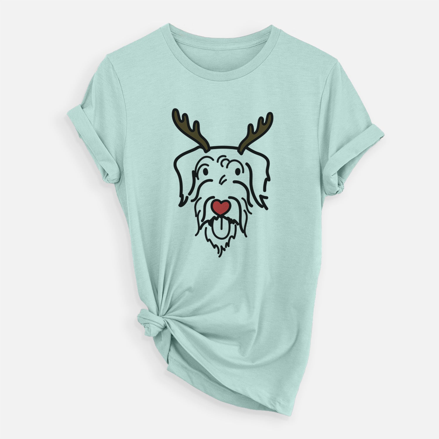 Minimalist line drawing of Dug the Doodle with reindeer antlers and a red nose on a Heather Sage Unisex crewneck