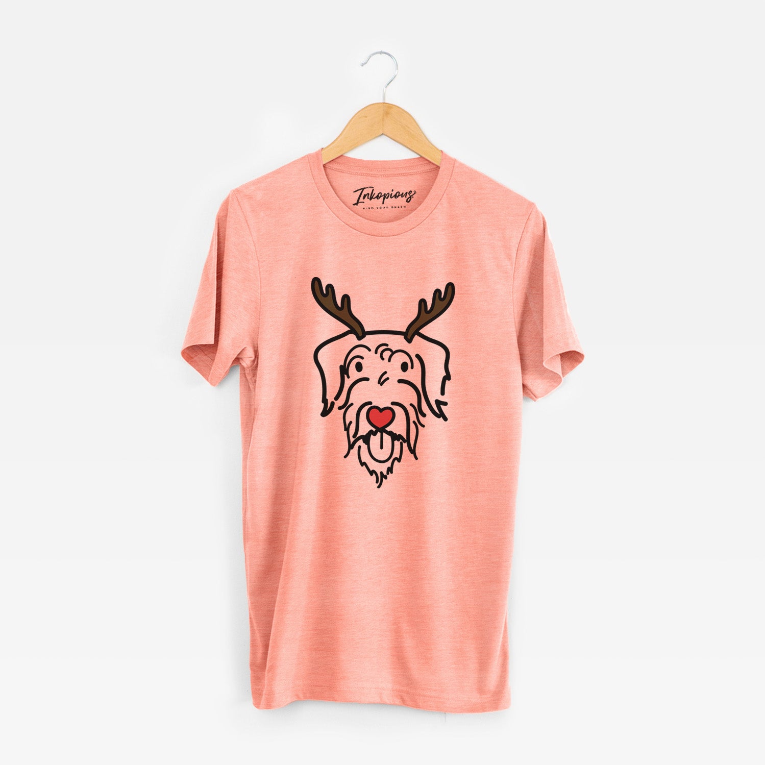 Minimalist line drawing of Dug the Doodle with reindeer antlers and a red nose on a Sunset Unisex crewneck