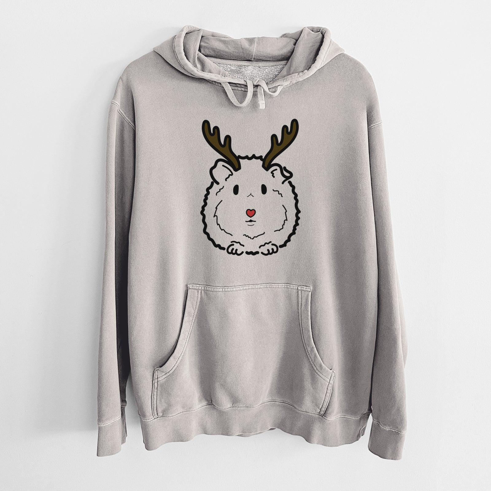 Minimalist line drawing of Duke the Guinea Pig with reindeer antlers and a red nose on a Cement Unisex pigment dyed hoodie
