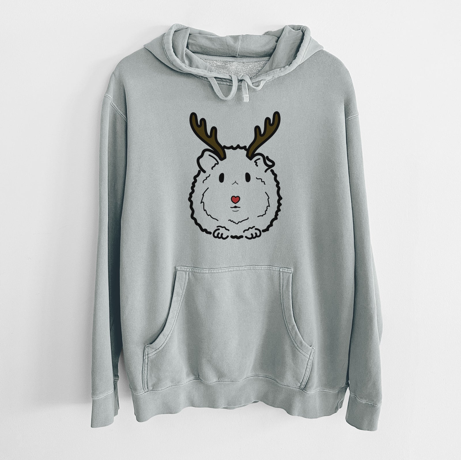 Minimalist line drawing of Duke the Guinea Pig with reindeer antlers and a red nose on a Sage Unisex pigment dyed hoodie