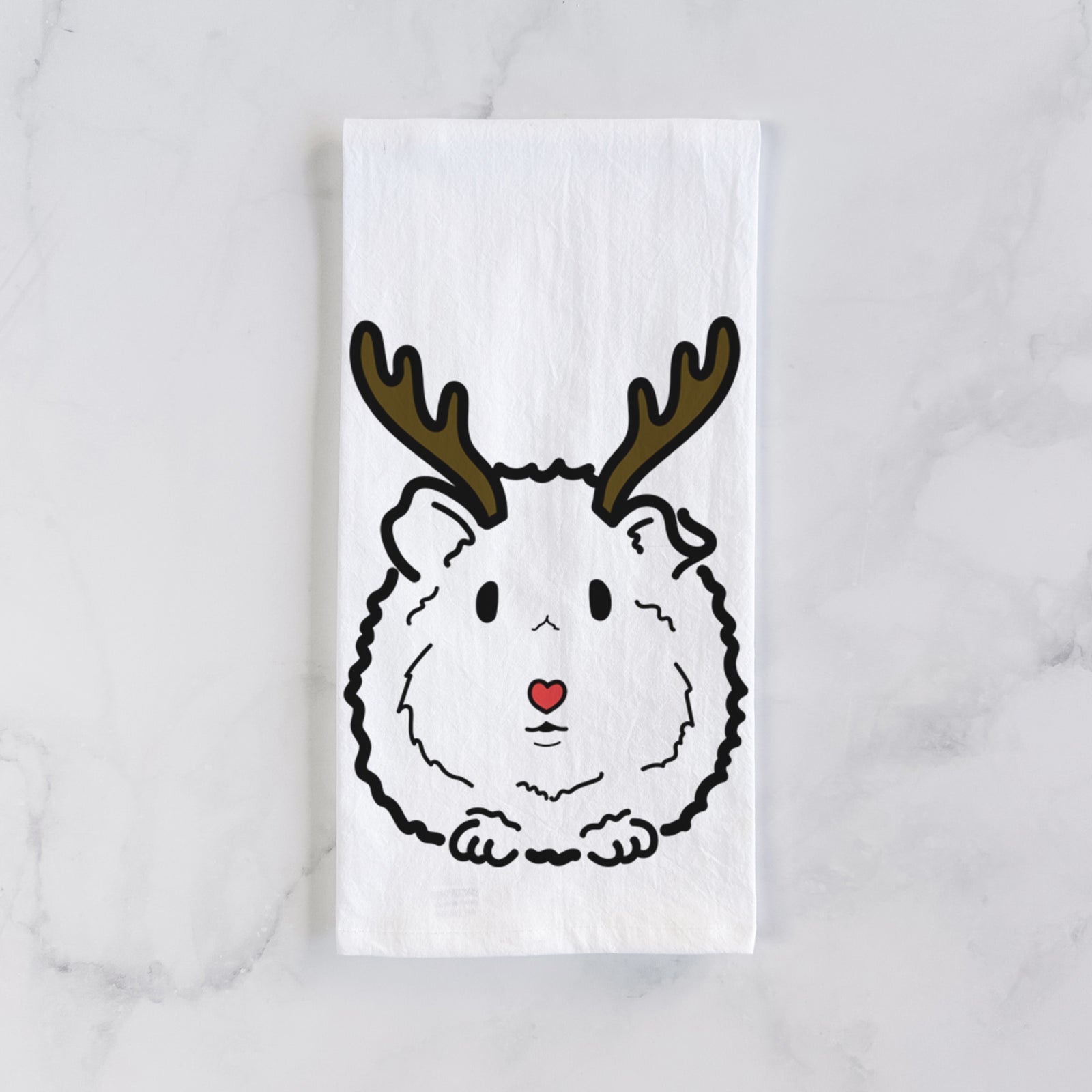 Minimalist line drawing of Duke the Guinea Pig with reindeer antlers and a red nose on a tea towel