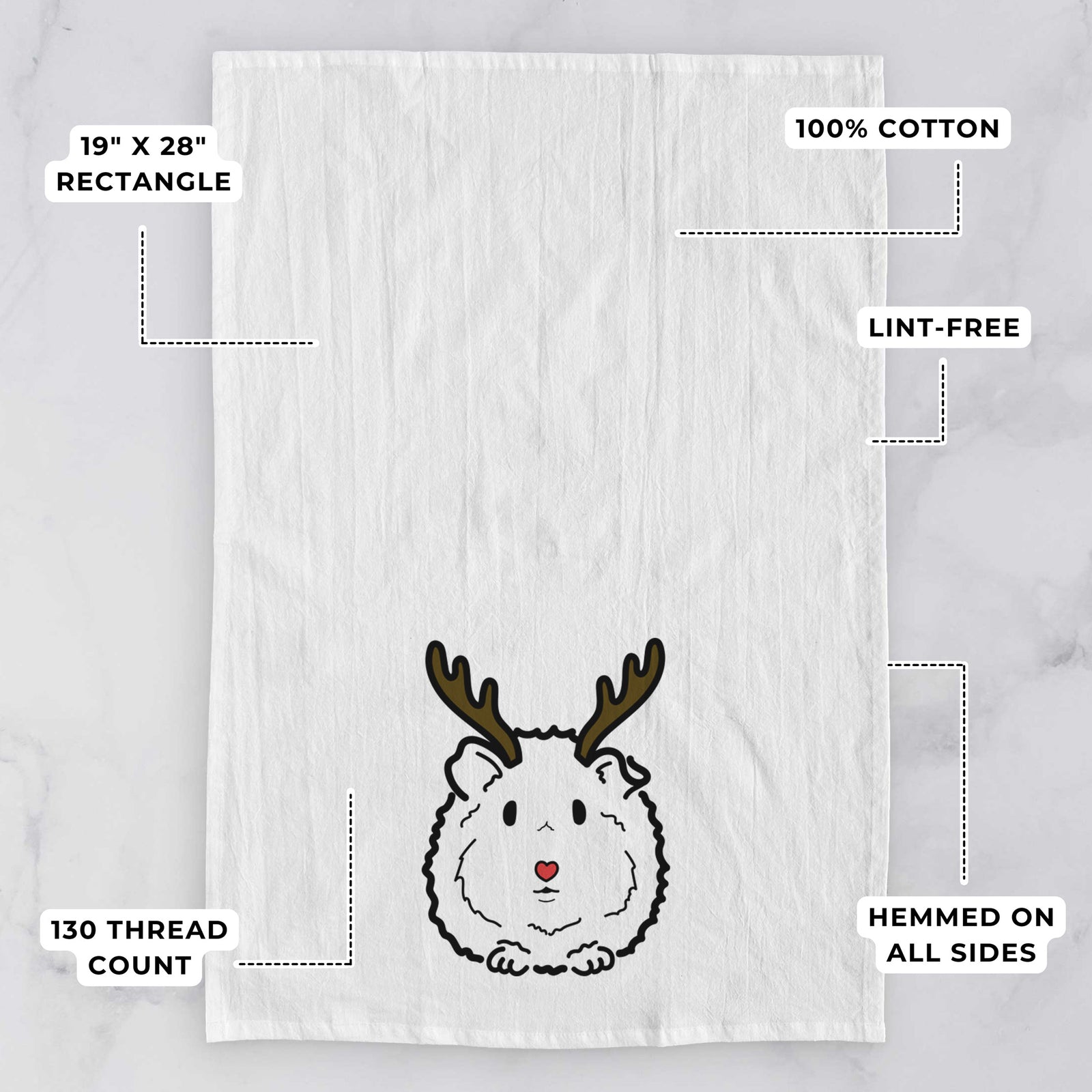 Minimalist line drawing of Duke the Guinea Pig with reindeer antlers and a red nose on a tea towel, with feature callouts: 19 x 28 inch rectangle, 100% cotton, lint-free, 120 thread count, hemmed on all sides