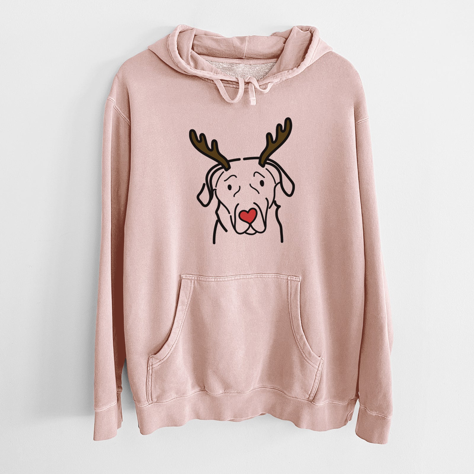 Minimalist line drawing of an English Labrador with reindeer antlers and a red nose on a Dusty Pink Unisex pigment dyed hoodie