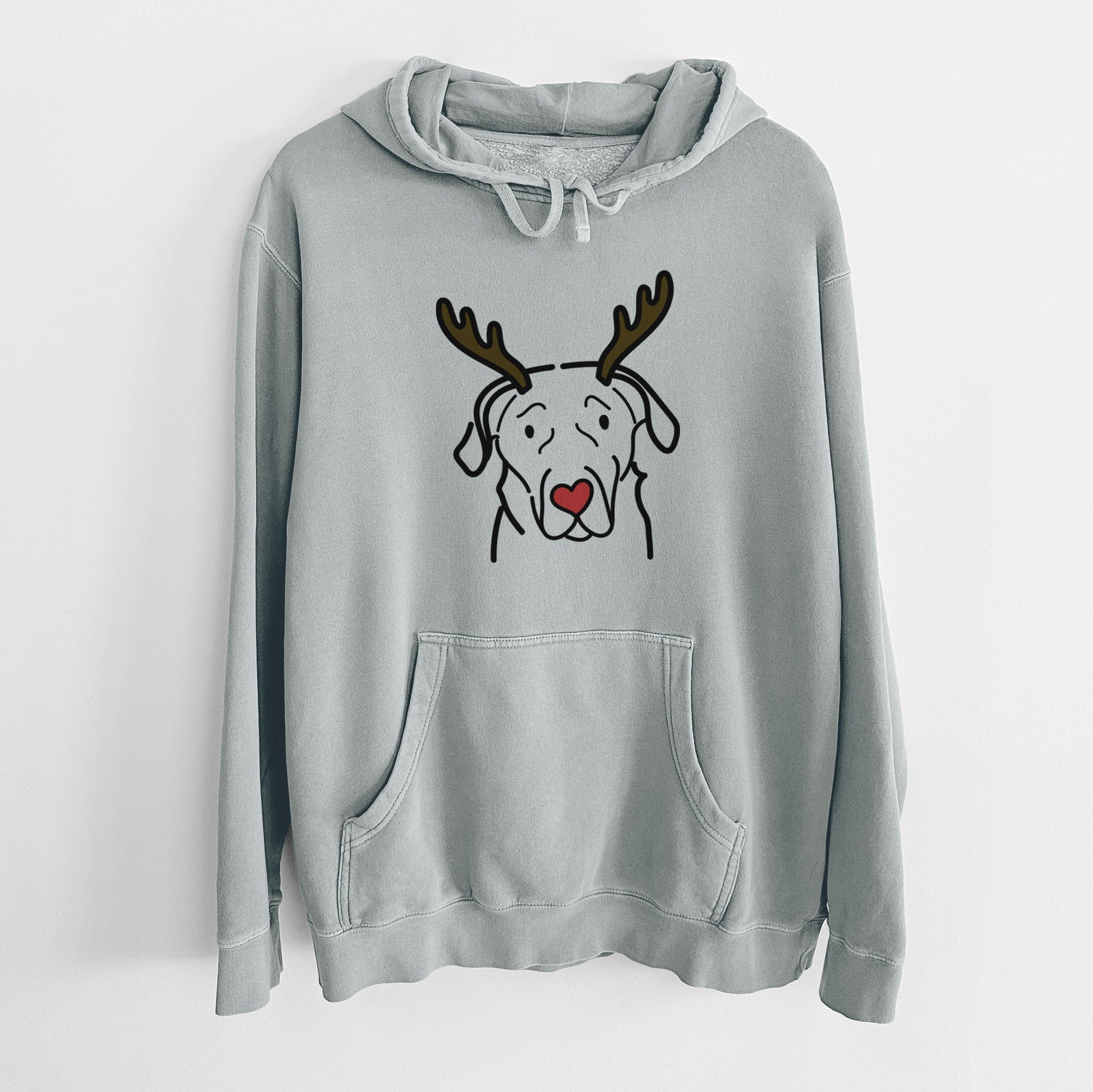 Minimalist line drawing of an English Labrador with reindeer antlers and a red nose on a Sage Unisex pigment dyed hoodie