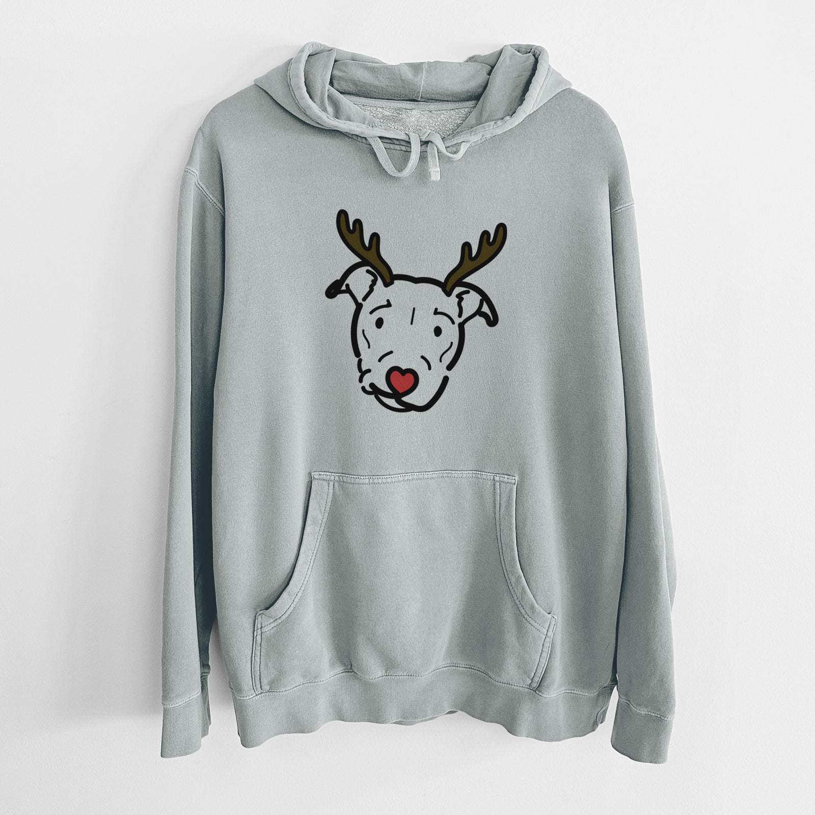 Minimalist line drawing of Ernie the Pitbull Mix with reindeer antlers and a red nose on a Sage Unisex pigment dyed hoodie