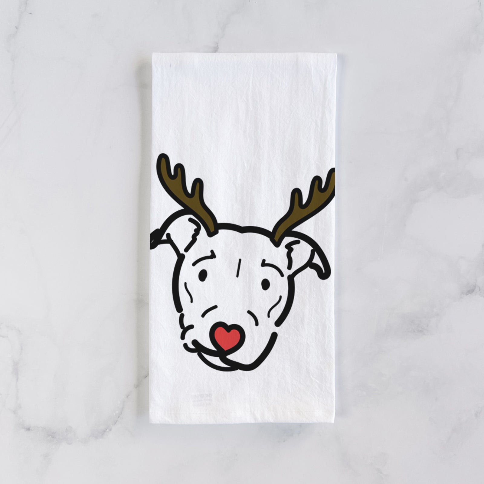 Minimalist line drawing of Ernie the Pitbull Mix with reindeer antlers and a red nose on a tea towel