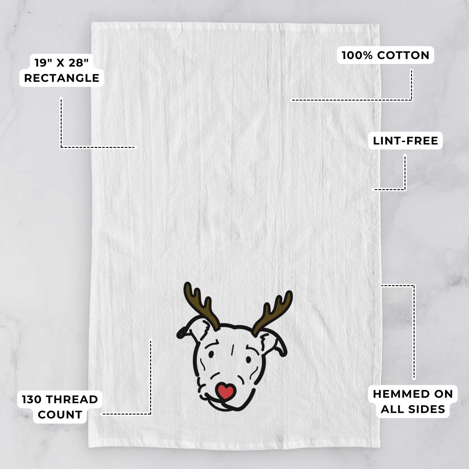 Minimalist line drawing of Ernie the Pitbull Mix with reindeer antlers and a red nose on a tea towel, with feature callouts: 19 x 28 inch rectangle, 100% cotton, lint-free, 120 thread count, hemmed on all sides