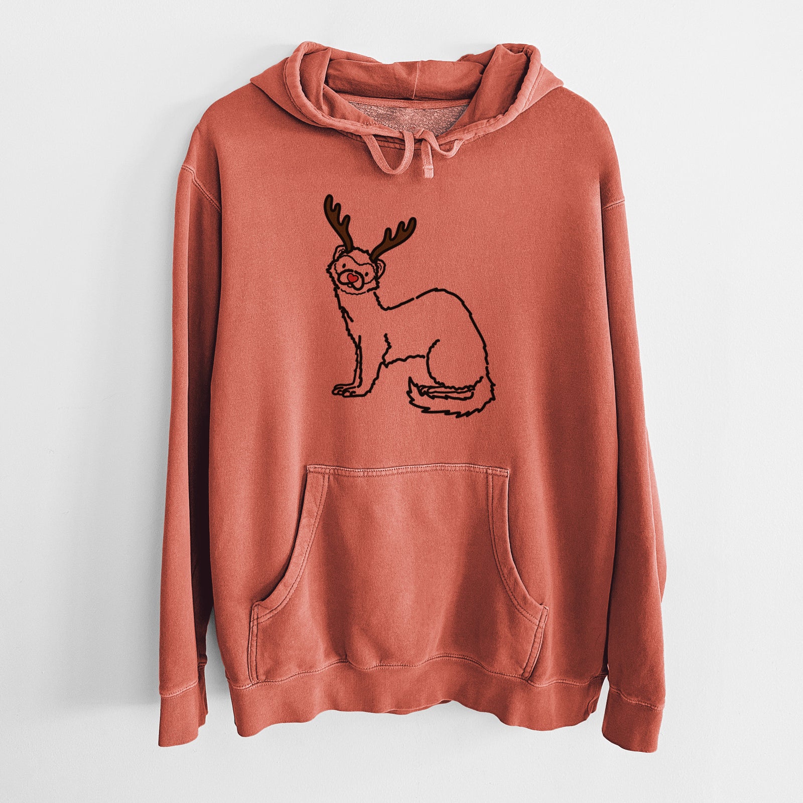 Minimalist line drawing of Fern the Ferret with reindeer antlers and a red nose on an Amber Unisex pigment dyed hoodie