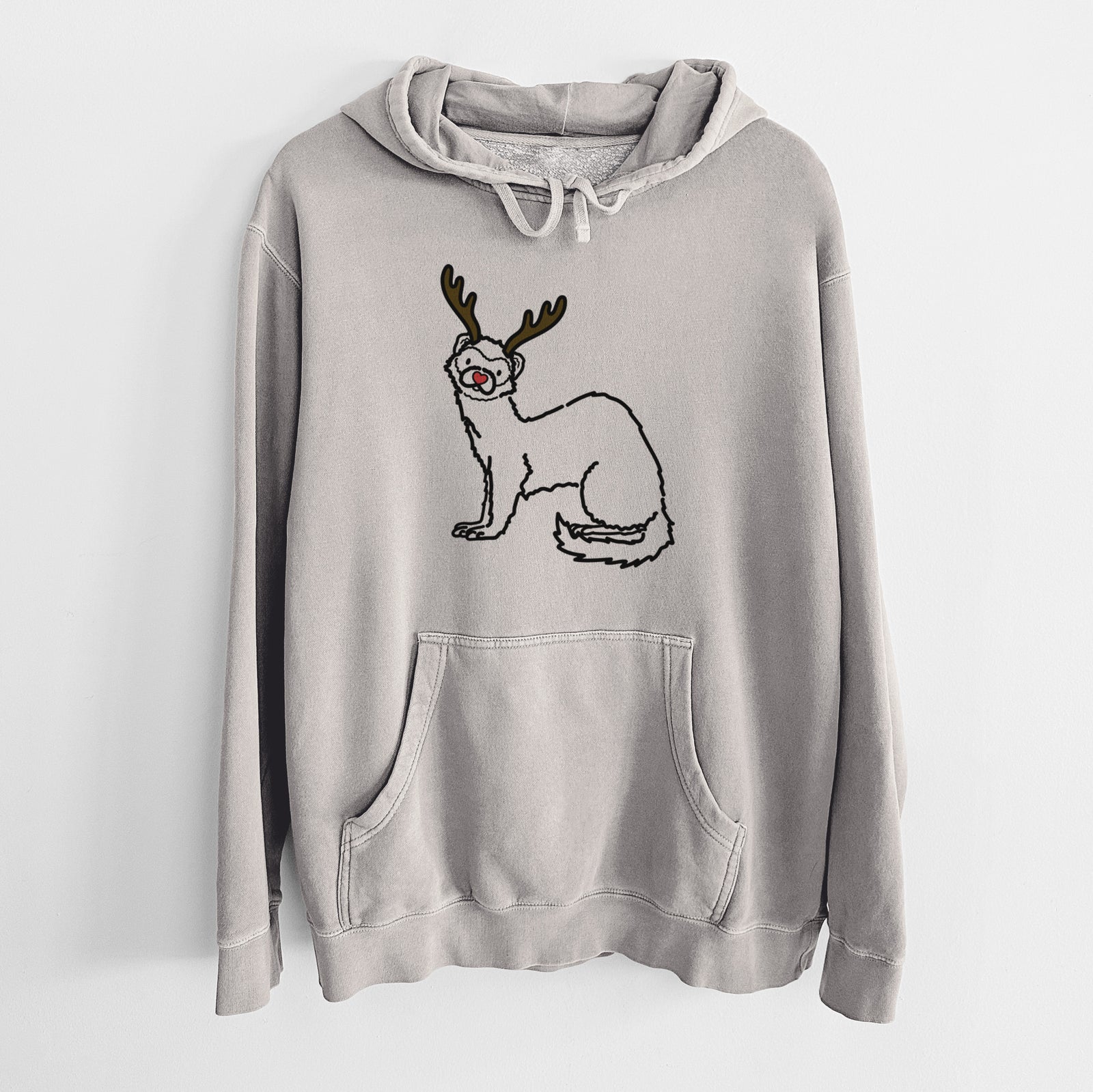 Minimalist line drawing of Fern the Ferret with reindeer antlers and a red nose on a Cement Unisex pigment dyed hoodie