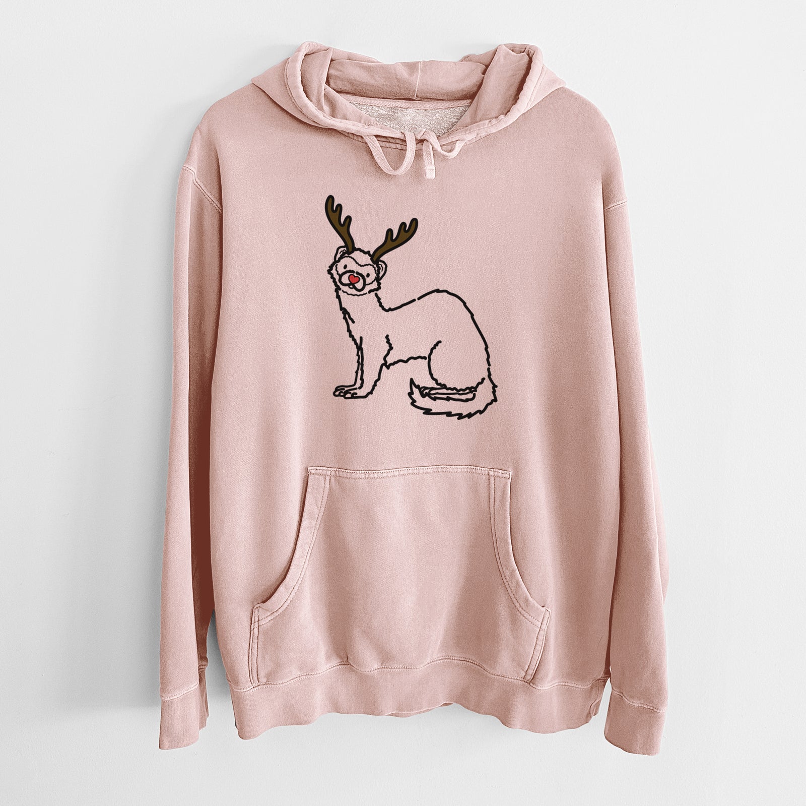 Minimalist line drawing of Fern the Ferret with reindeer antlers and a red nose on a Dusty Pink Unisex pigment dyed hoodie