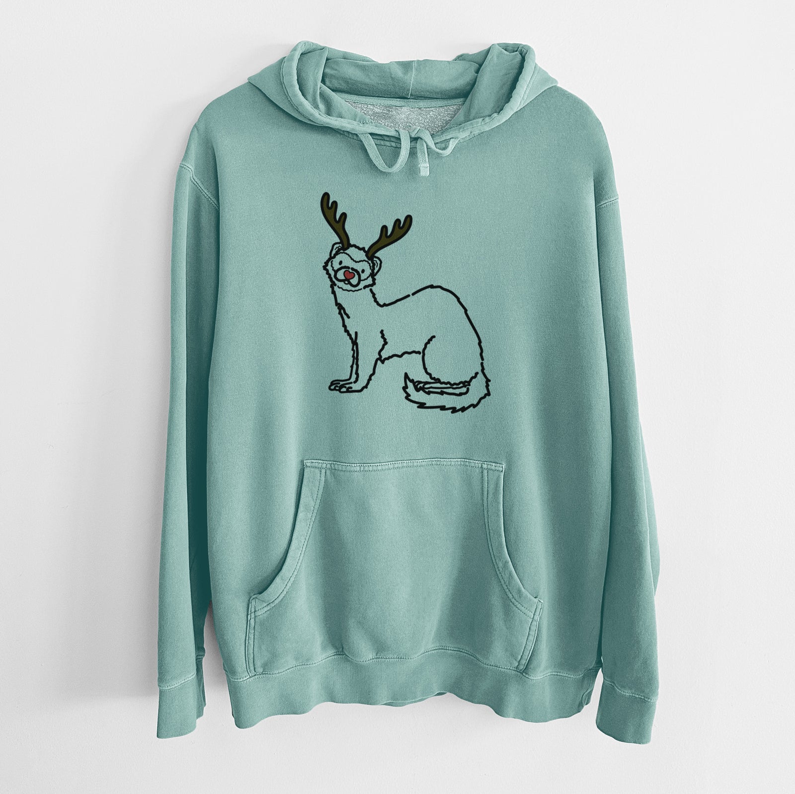 Minimalist line drawing of Fern the Ferret with reindeer antlers and a red nose on a Mint Unisex pigment dyed hoodie
