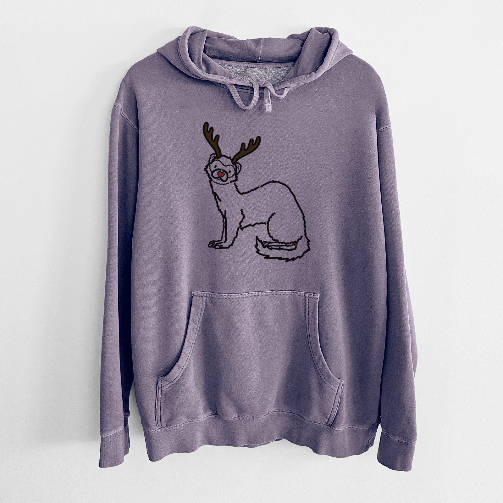 Minimalist line drawing of Fern the Ferret with reindeer antlers and a red nose on a Plum Unisex pigment dyed hoodie