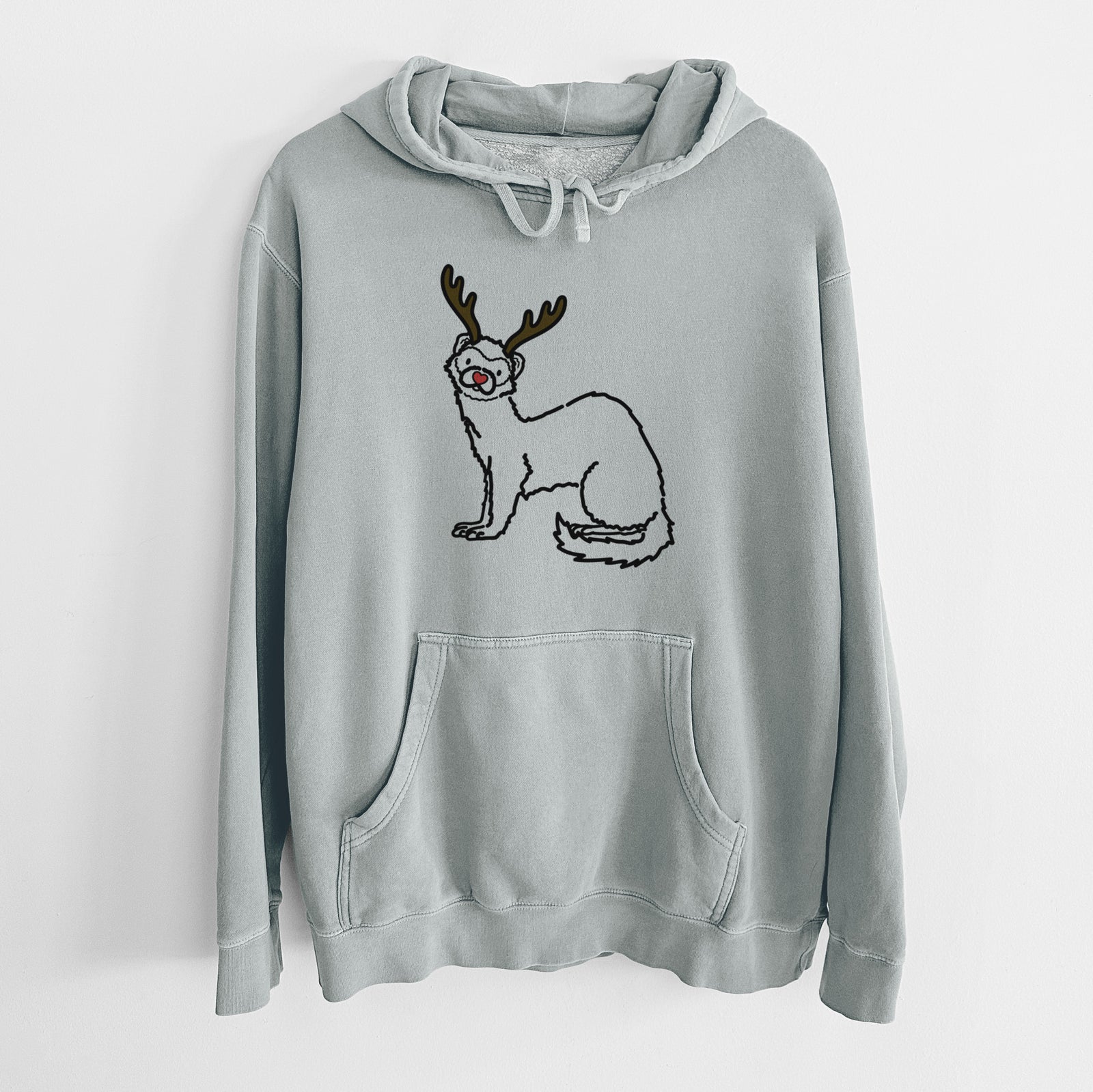 Minimalist line drawing of Fern the Ferret with reindeer antlers and a red nose on a Sage Unisex pigment dyed hoodie
