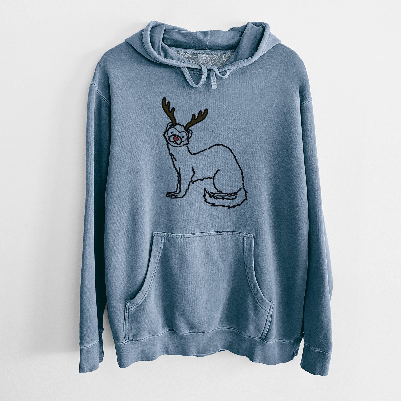 Minimalist line drawing of Fern the Ferret with reindeer antlers and a red nose on a Slate Blue Unisex pigment dyed hoodie