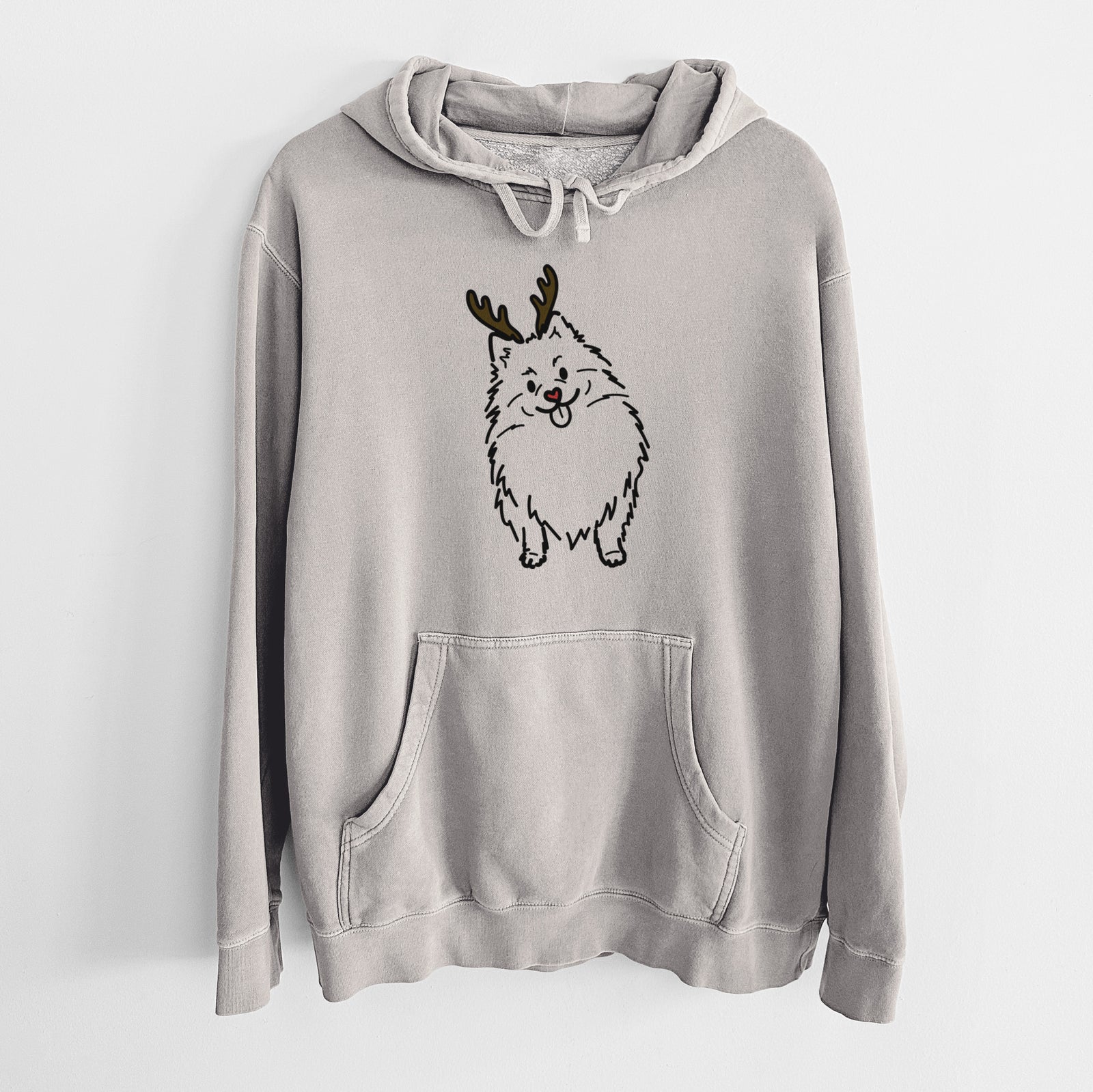 Minimalist line drawing of Fern the Pomeranian with reindeer antlers and a red nose on a Cement Unisex pigment dyed hoodie